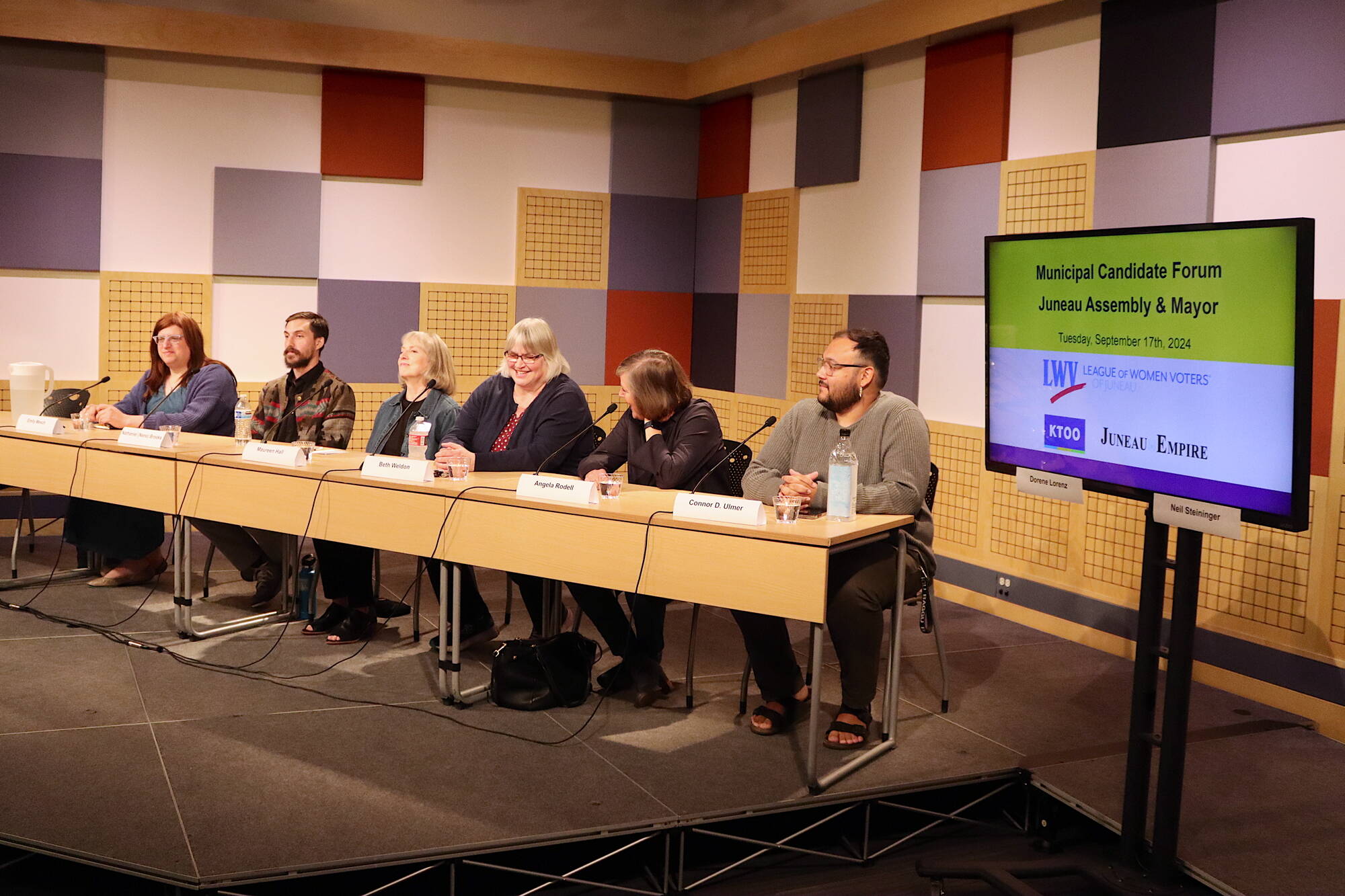 Candidates for Juneau Assembly and mayor gather at the KTOO studios on Tuesday night for a forum to discuss issues related to the Oct. 1 local election. (Mark Sabbatini / Juneau Empire)