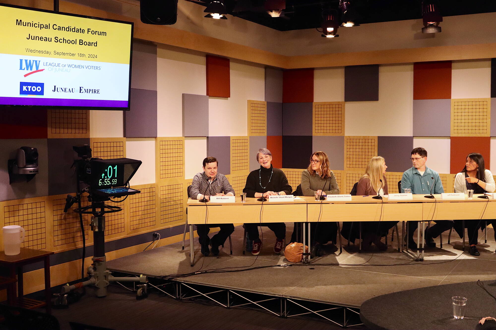 Candidates for the Juneau Board of Education gather at the KTOO studios on Wednesday night for a forum to discuss issues related to the Oct. 1 local election. (Mark Sabbatini / Juneau Empire)