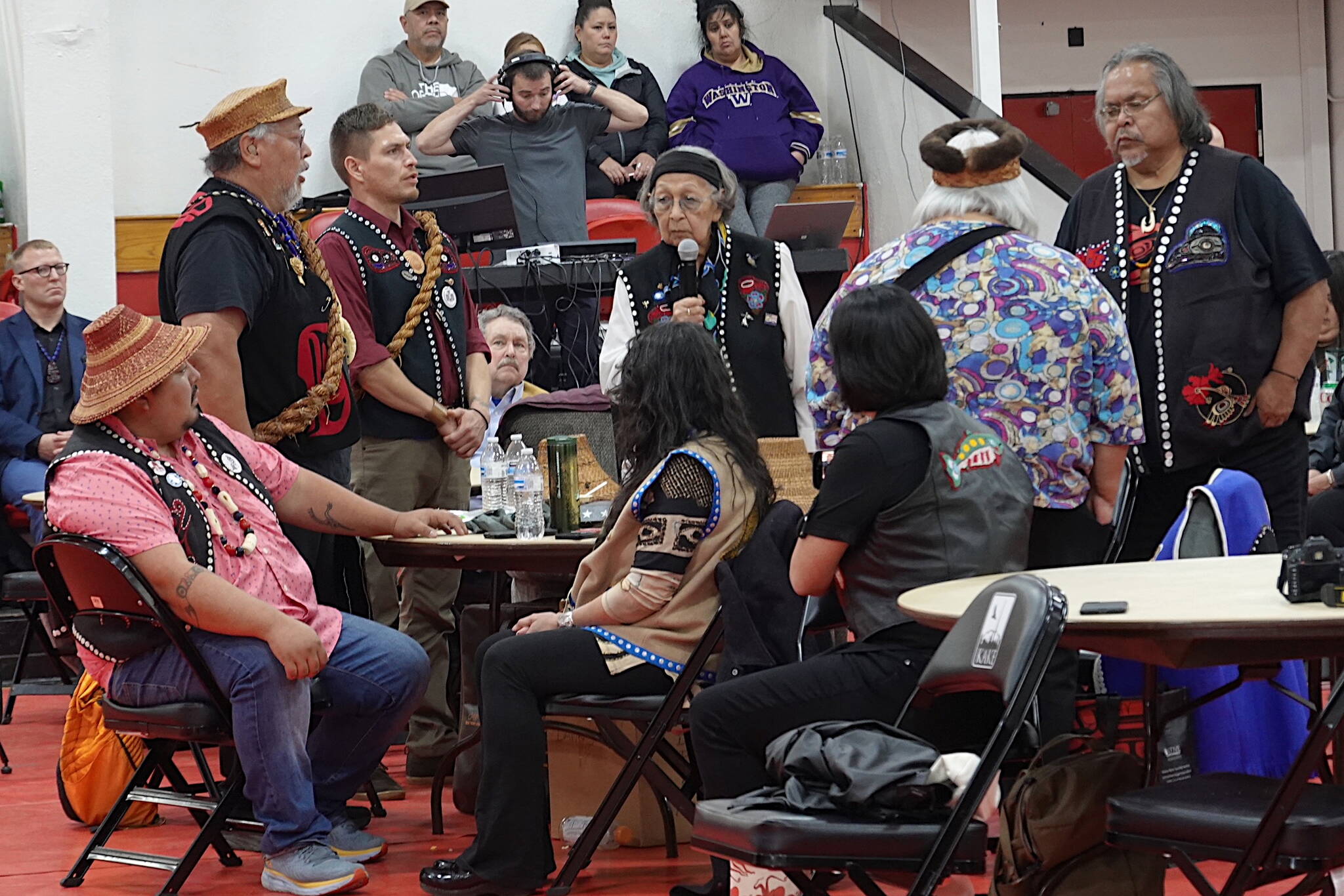 “We accept this apology,” says Kake elder Ruth Demmert as she addresses the audience at Saturday’s formal apology by the U.S. Navy delivered minutes earlier by Rear Adm. Mark Sucato. The apology in Kake was for the 1869 bombardment and destruction of Kake’s three villages and two forts in winter of that year. (Laurie Craig / Juneau Empire)