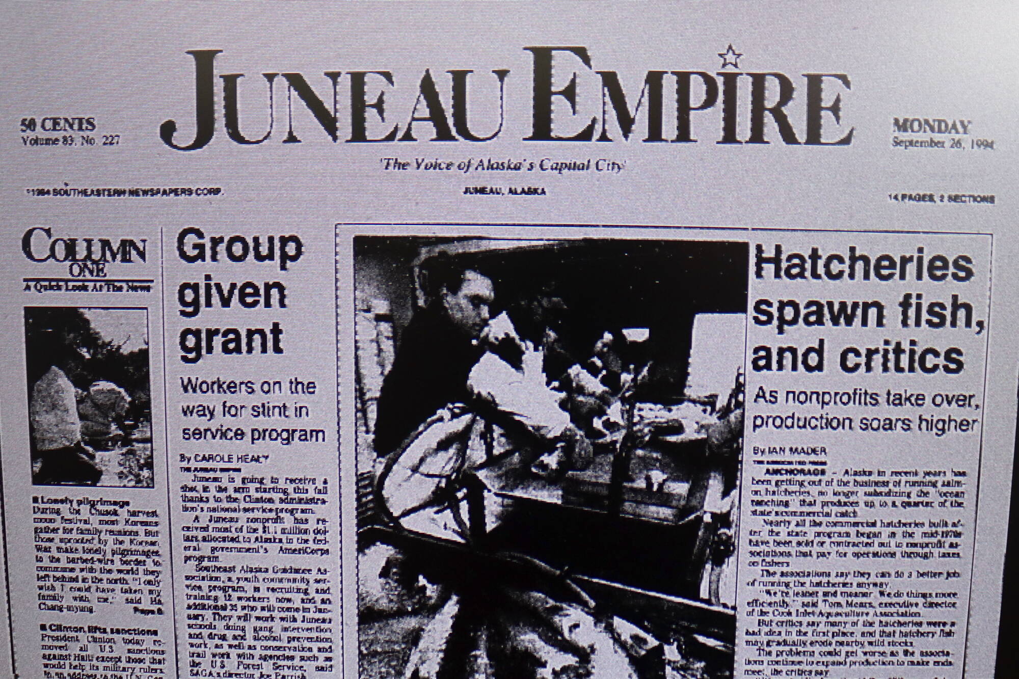 The front page of the Juneau Empire on Sept. 26, 1994. (Mark Sabbatini / Juneau Empire)