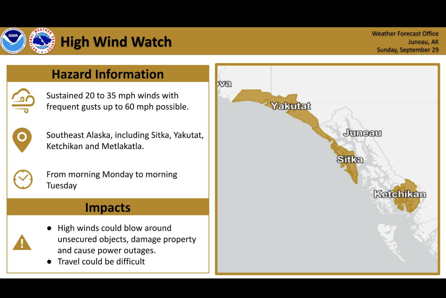 An alert issued by the National Weather Service on Sunday shows high winds forecast in many coastal areas of Southeast Alaska on Monday and Tuesday. (National Weather Service Juneau)