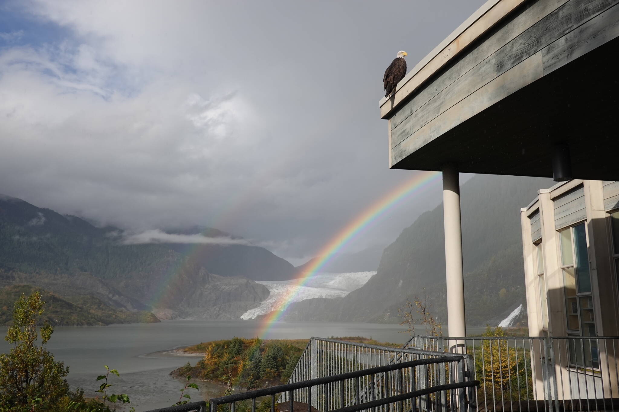 Twin rainbows are seen from the Mendenhall Glacier Visitor Center on Wednesday. (Laurie Craig / Juneau Empire)