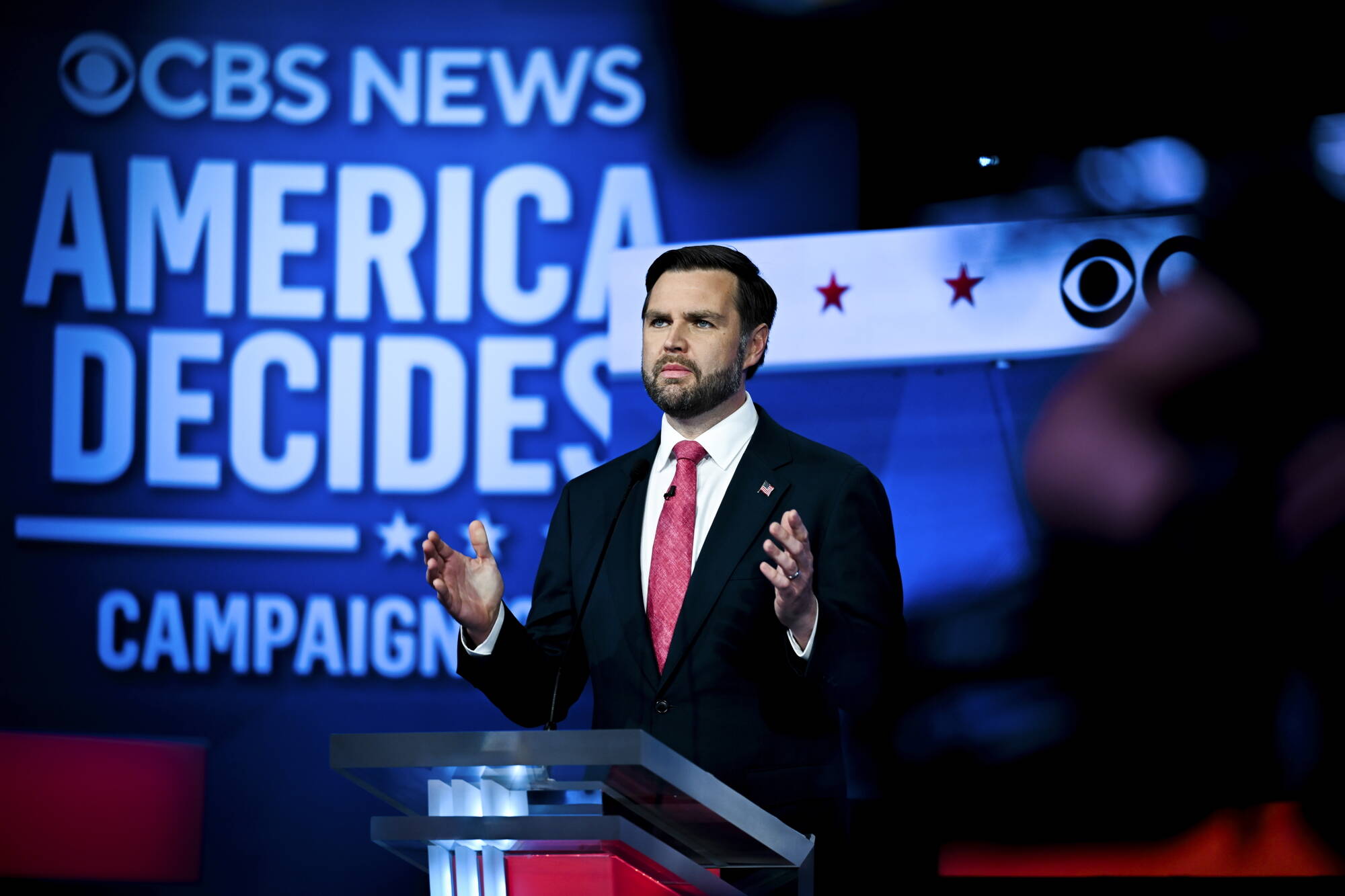 Sen. JD Vance (R-Ohio), the Republican vice presidential nominee, speaks during the vice presidential debate against Gov. Tim Walz of Minnesota, the Democratic vice presidential nominee, at the CBS Broadcast Center in New York, Oct. 1, 2024. (Kenny Holston/The New York Times)