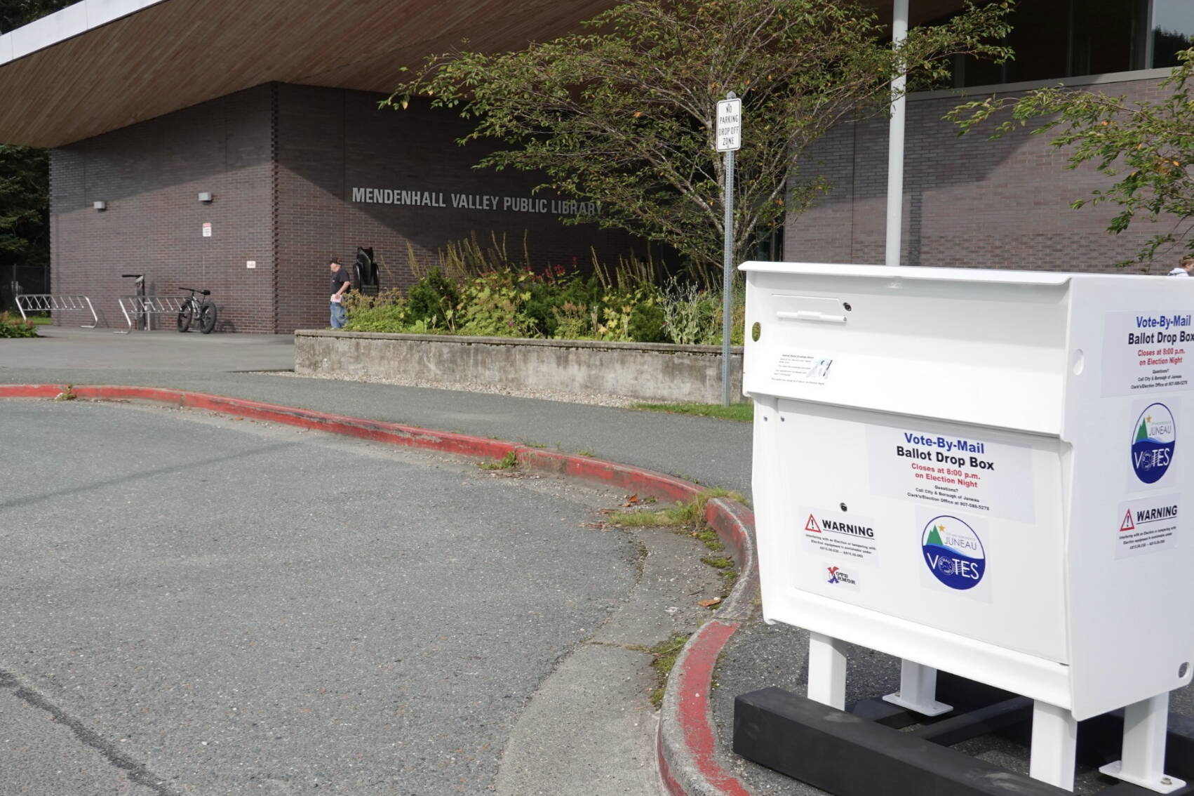 A dropoff box for ballots at the Mendenhall Valley Public Library. (Laurie Craig / Juneau Empire file photo)