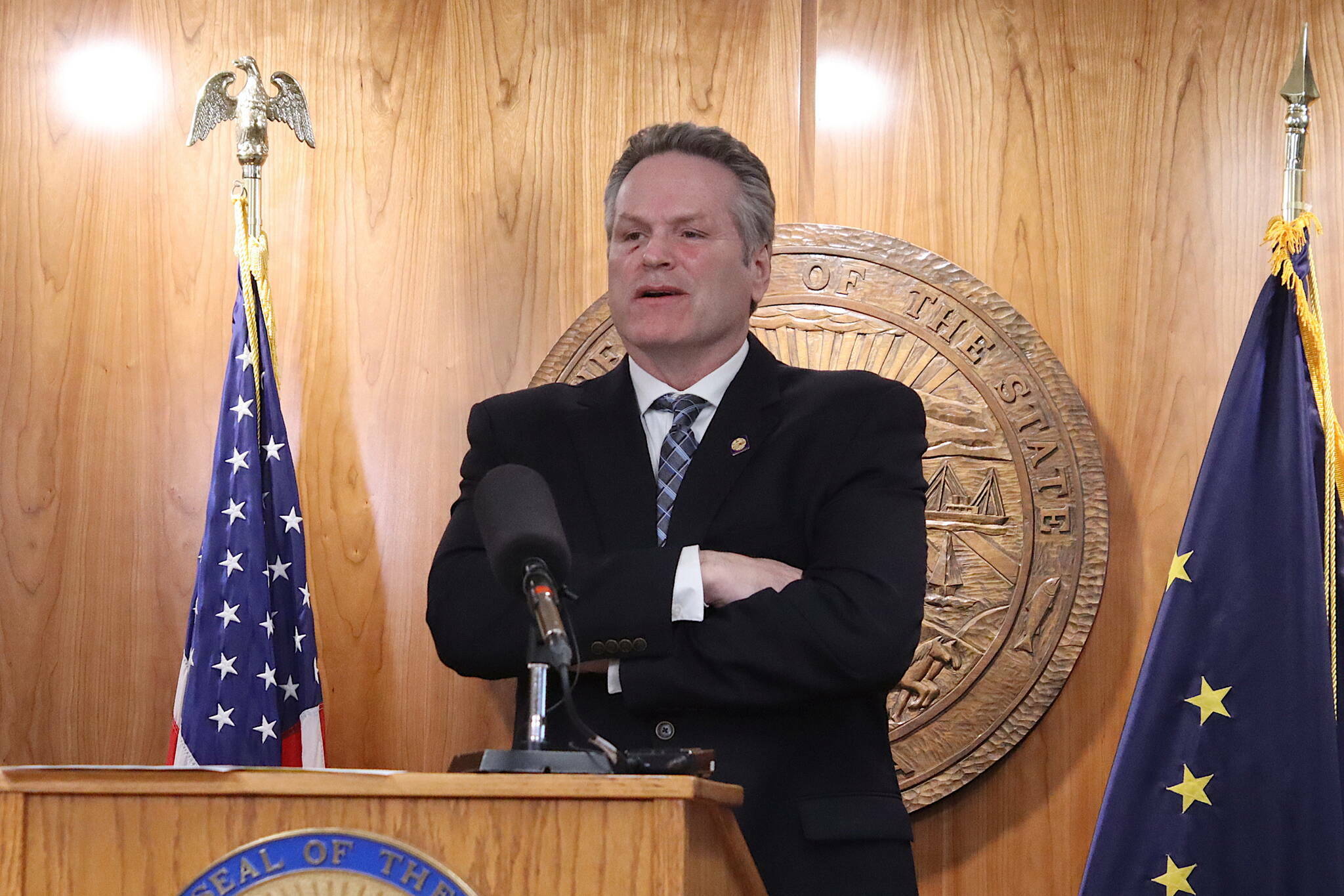 Gov. Mike Dunleavy addresses the media during a press conference March 16, 2024, at the Alaska State Capitol. (Mark Sabbatini / Juneau Empire file photo)