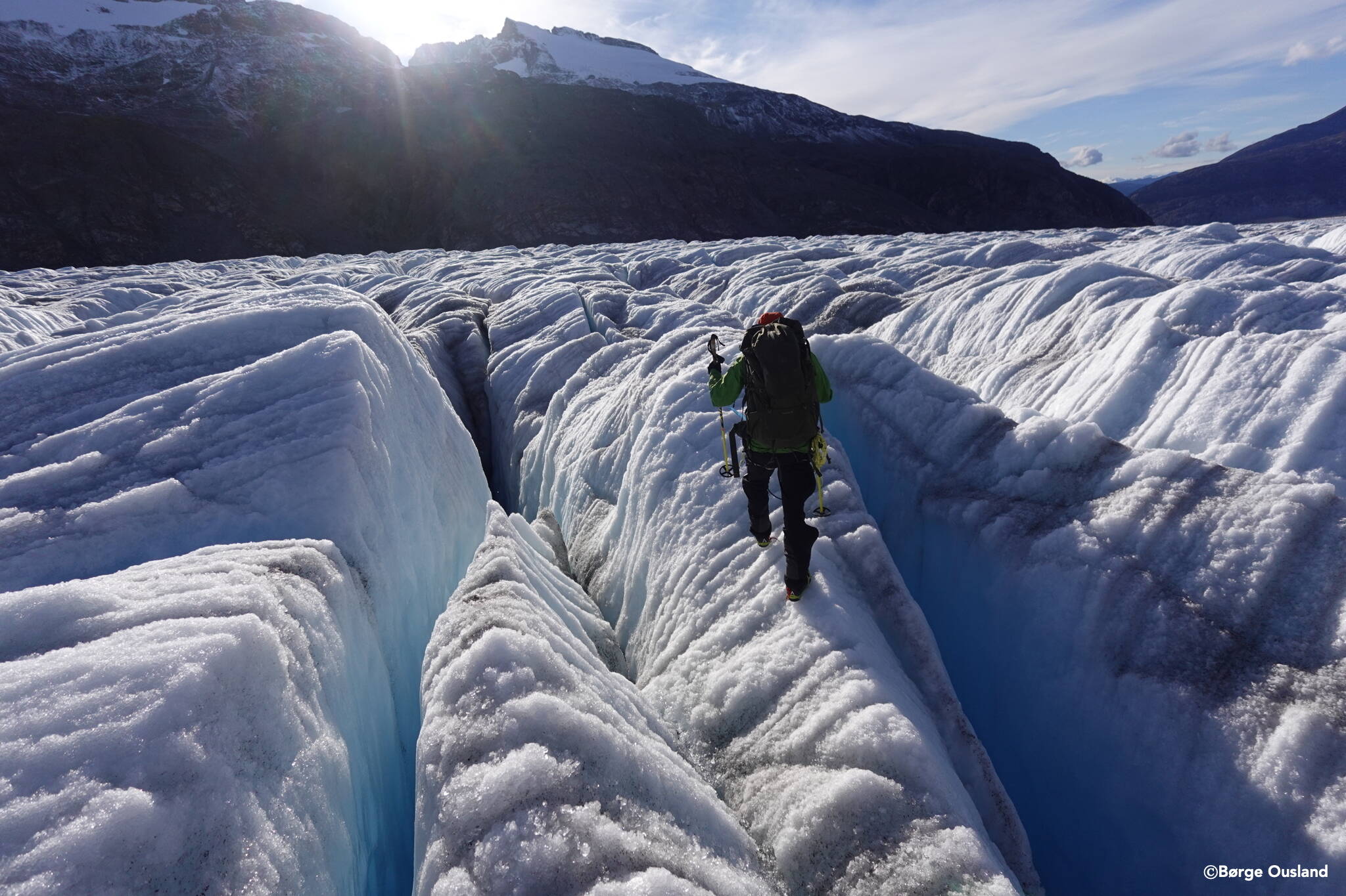 Vincent Colliard navigates past glacier crevasses on the Juneau Icefield during a three-week crossing with fellow polar explorer Børge Ousland as part of their Ice Legacy project, which seeks to cross the world’s 20 largest icefields to raise awareness about the Arctic and impacts climate change is causing there. (Børge Ousland / Copyright photo used with permission)