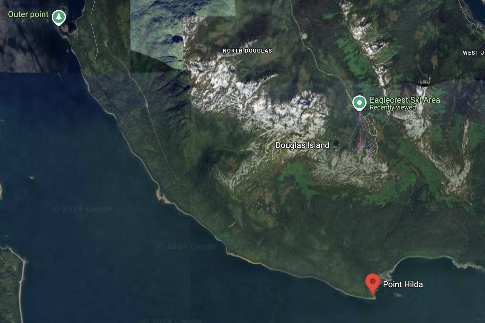 A map shows Douglas Island between Outer Point and Point Hilda, where Goldbelt Inc. owns about 1,800 acres of land. The urban Alaska Native corporation announced Wednesday it and Royal Caribbean Group are exploring a proposed cruise ship port with two floating docks and “a recreated 1800s Alaska Native Tlingit village” on the property. (Google Maps image)