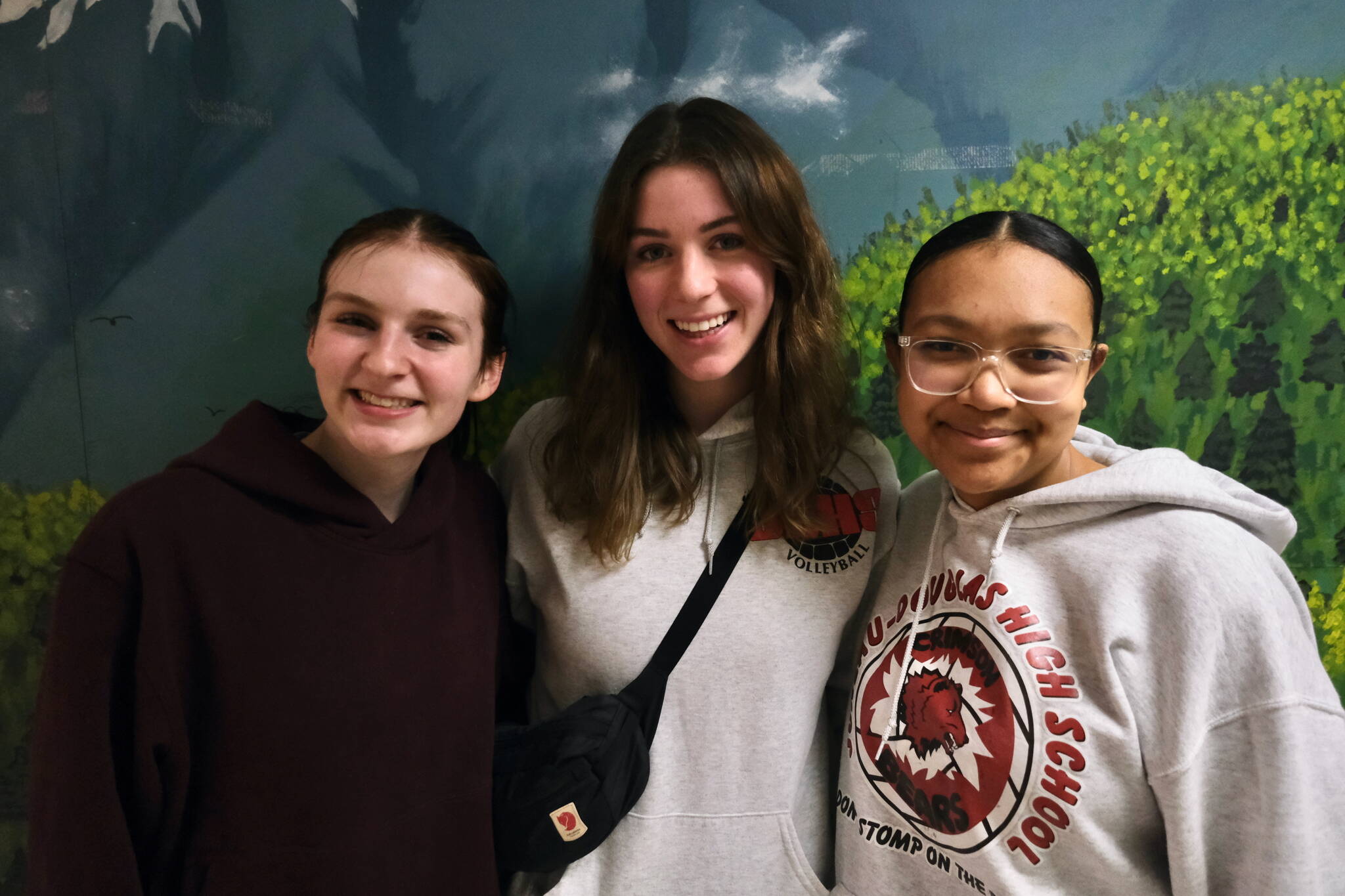 Juneau-Douglas High School: Yadaa.at Kalé senior varsity volleyball players Tatum Billings, Evelyn Richards and Nina Jeter will celebrate senior night against Wasilla on Friday. Not pictured are JV senior Neveah Alexander and C Team seniors Maxie Lehauli, Val Mausia, Sophia Perry and Olivia Hickman. (Klas Stolpe/Juneau Empire)