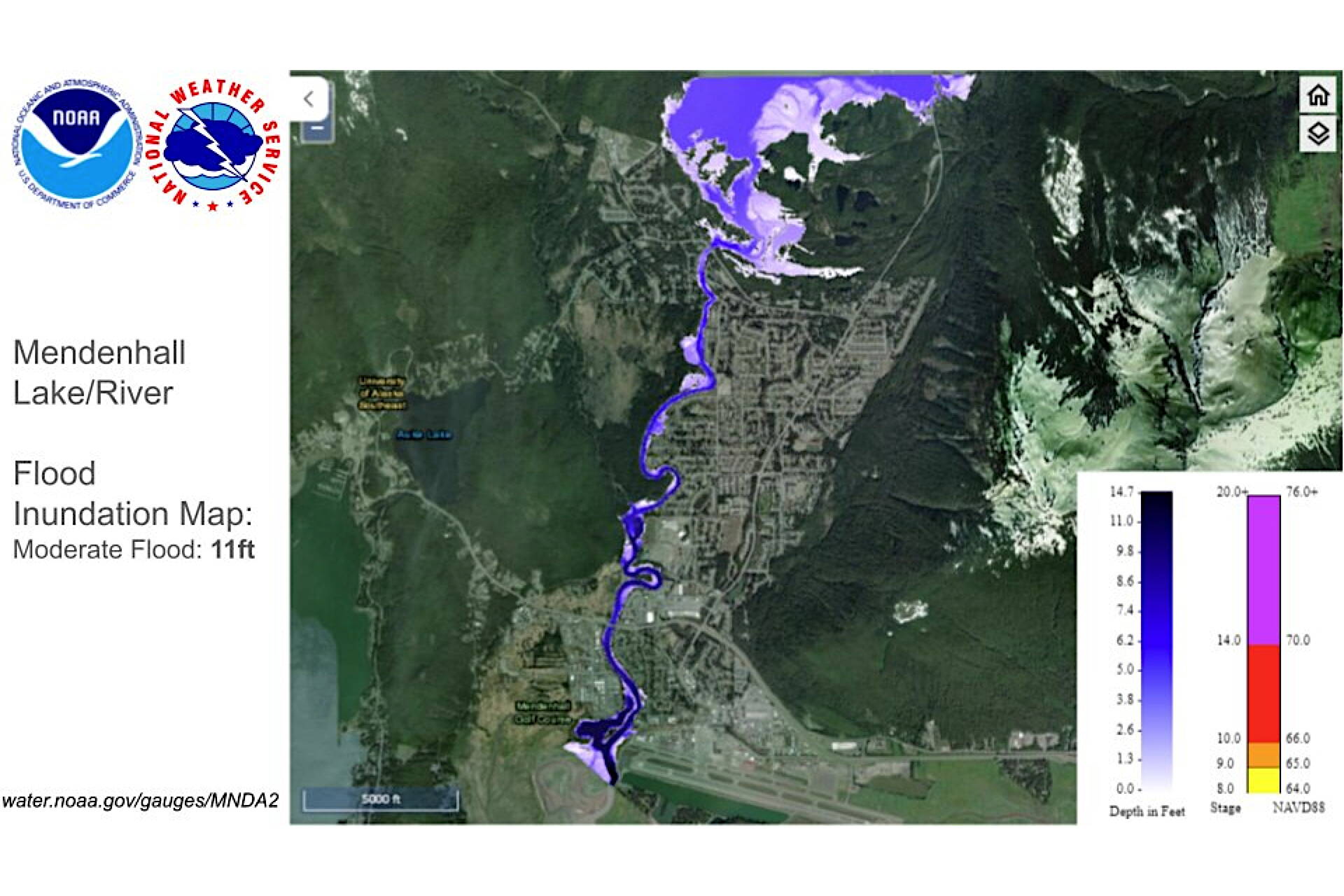 A flood inundation map shows areas near the Mendenhall River expected to be affected if a glacial outburst flood from Suicide Basin causes the river to crest above 11 feet. (NOAA National Water Prediction Service map)