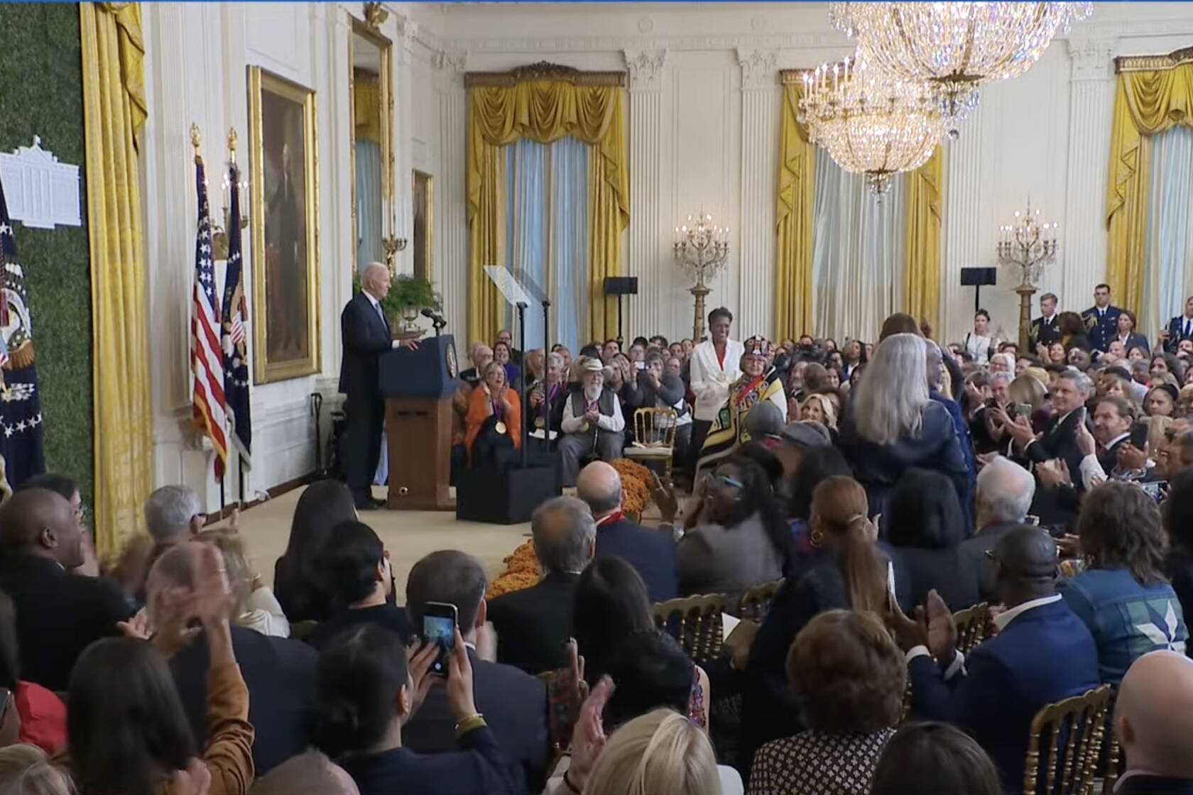 President Joe Biden honors the 10 winners of the 2023 National Humanities Medal, including Sealaska Heritage Institute President Rosita Worl, during a ceremony Monday at The White House. (Screenshot from official video by The White House)