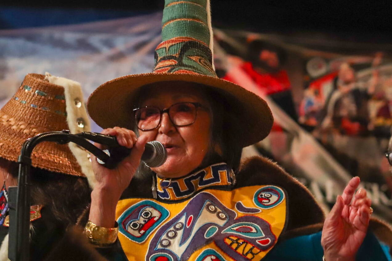 Sealaska Heritage Institute president Rosita Worl smiles while welcoming dancers and the audience to the start of Celebration 2024 on June 5. (Jasz Garrett / Juneau Empire file photo)