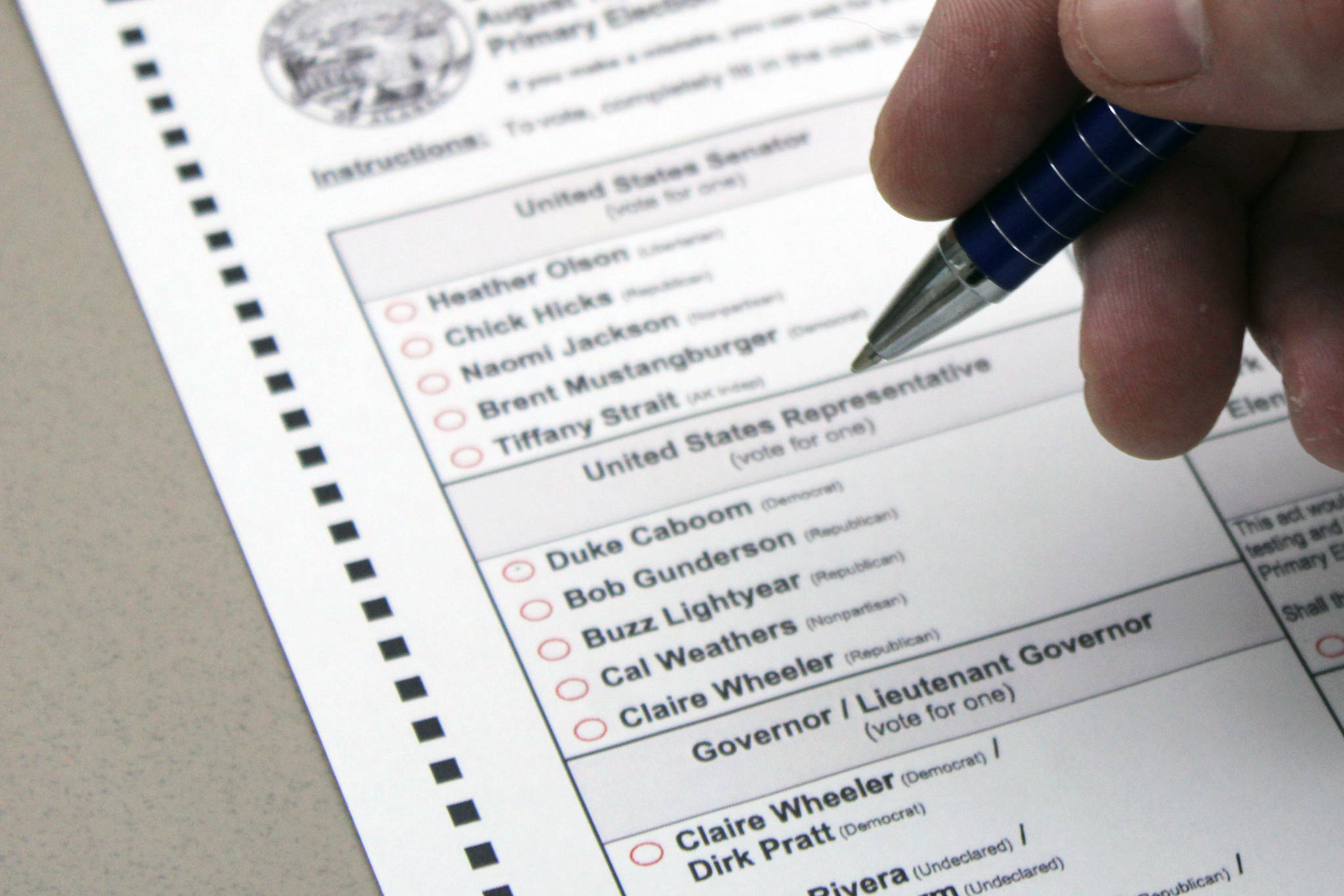 In this sample primary ballot released by the state, fictional candidates compete in a primary election. (Ben Hohenstatt / Juneau Empire file photo)