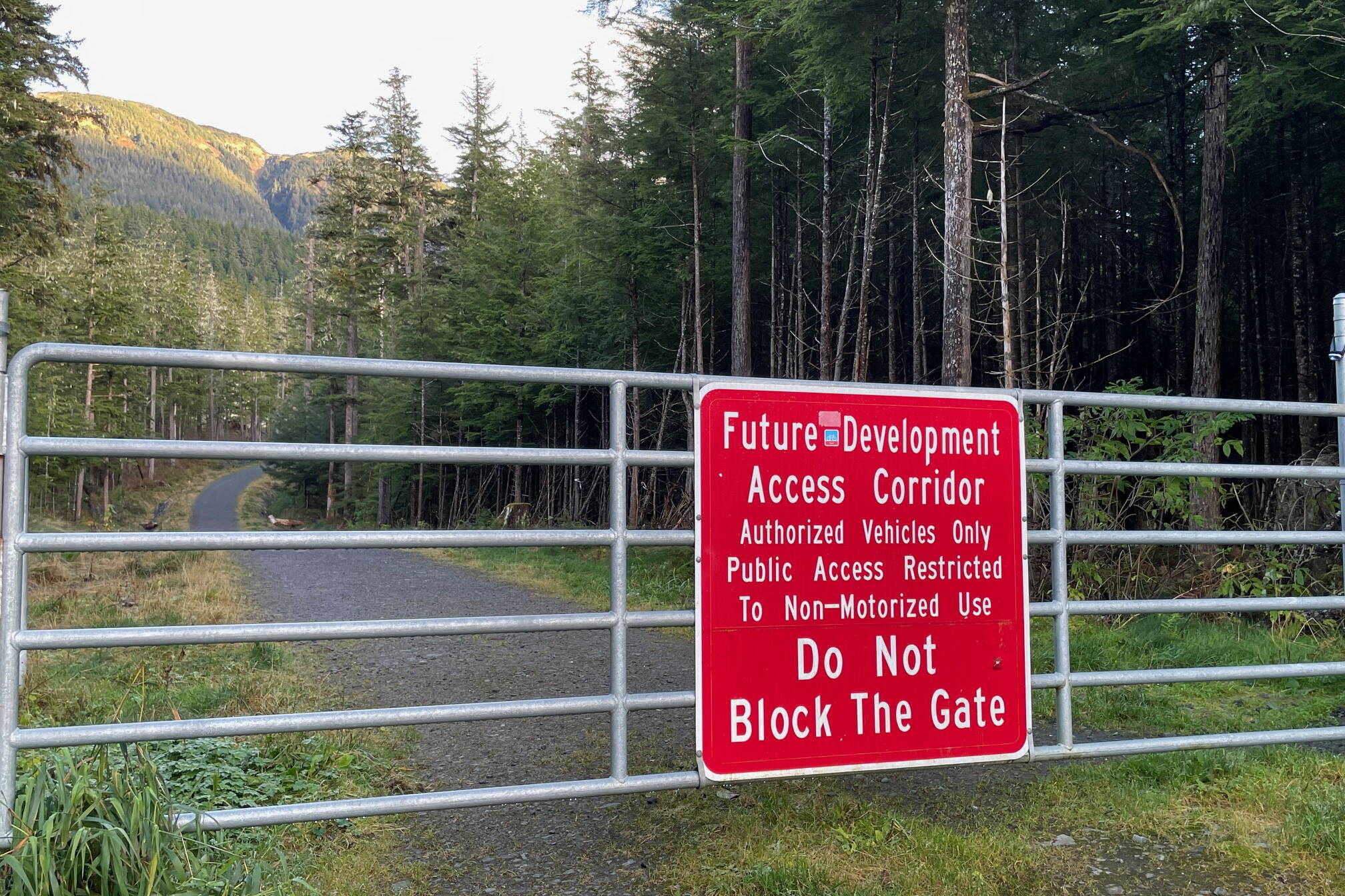 A sign at the end of the publicly accessible road on north Douglas Island on Oct. 16, 2024. (Laurie Craig / Juneau Empire)