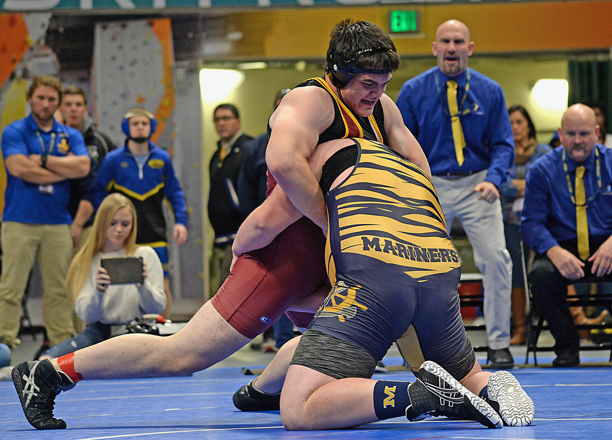 Mt. Edgecumbe junior Haley Osborne fends off a takedown attempt by Homer senior Jaydin Mann during their 285-pound title match at the 2018 ASAA State Wrestling Championships in Anchorage’s Alaska Airlines Center. One of the most anticipated and competitive matches this reporter has ever witnessed. (Klas Stolpe / Juneau Empire file photo)