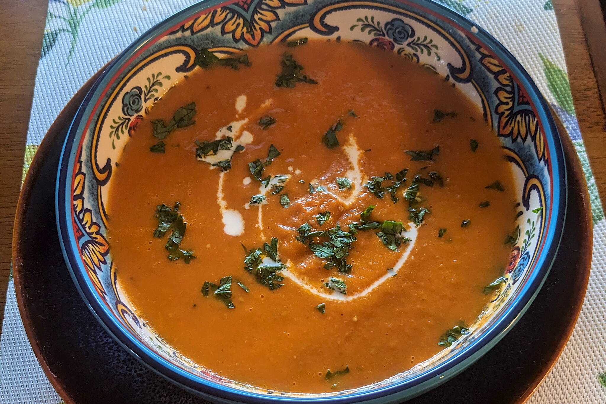 Sheet pan tomato soup garnished and served. (Photo by Patty Schied)