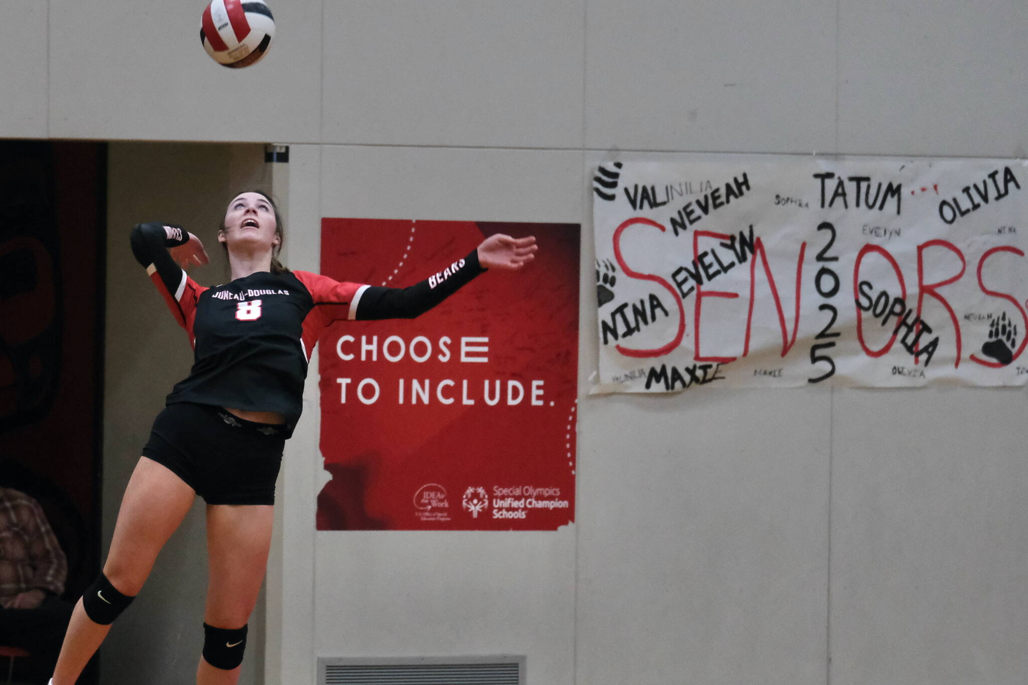 JDHS senior Evelyn Richards (8) serves against Wasilla last weekend. The Crimson Bears fell at East Anchorage on Thursday and will play in the Dimond/Service Tournament on Friday and Saturday. (Klas Stolpe / Juneau Empire file photo)