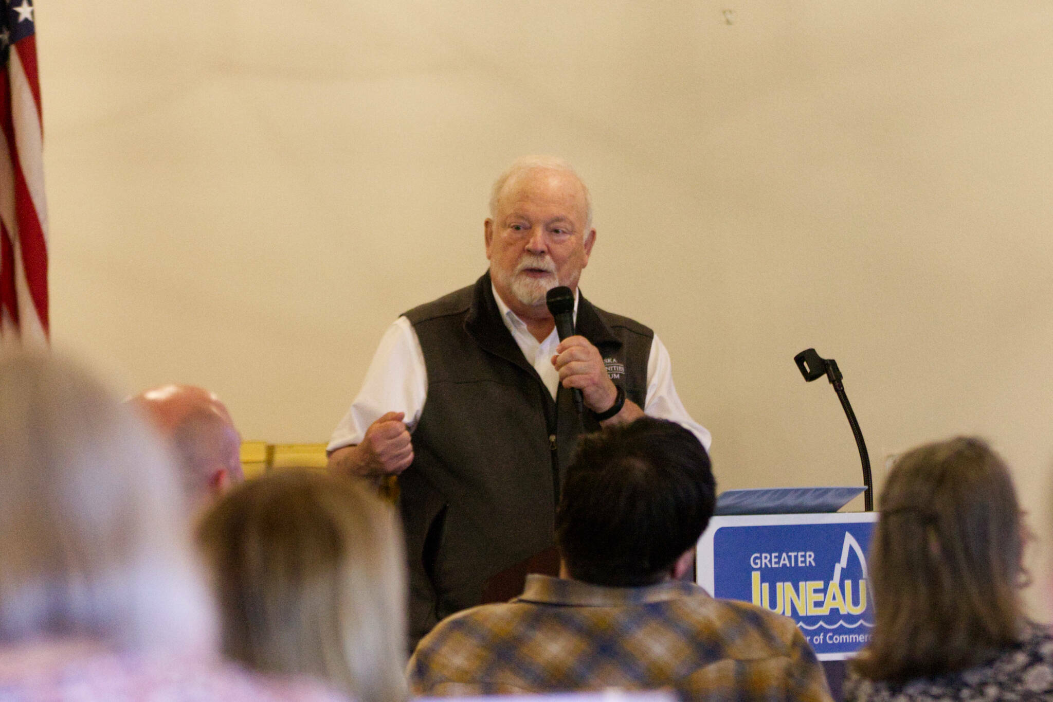 Former Juneau Mayor Bruce Botelho discusses ranked choice voting at a Greater Juneau Chamber of Commerce weekly luncheon on June 30, 2022. (Clarise Larson / Juneau Empire file photo)