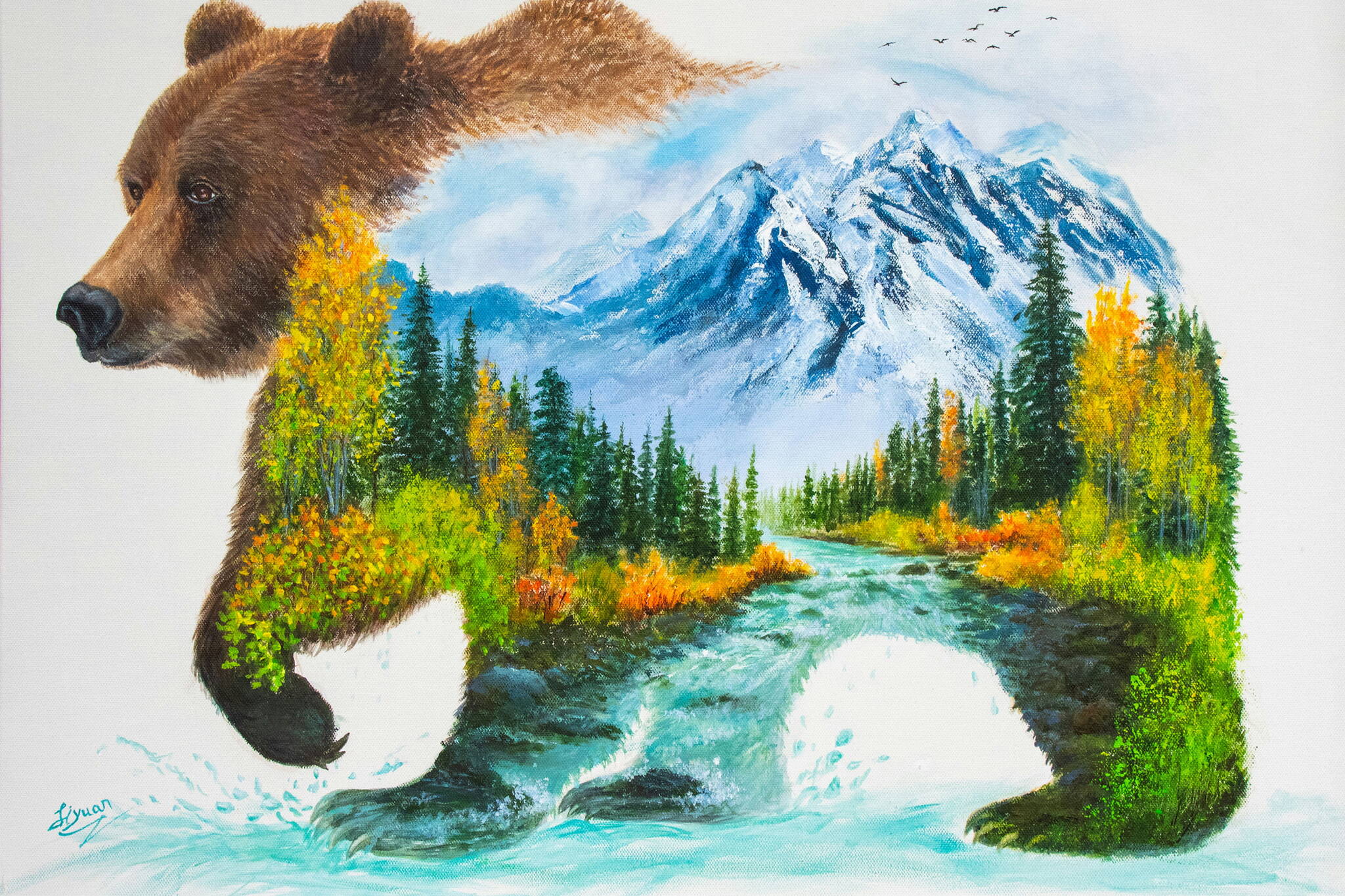 A bear/landscape painting is among the works by Liyuan (Sunny) Zhang that will be exhibited at the Juneau-Douglas City Museum as part of First Friday in November. (Photo provided by the Juneau Arts and Humanities Council)