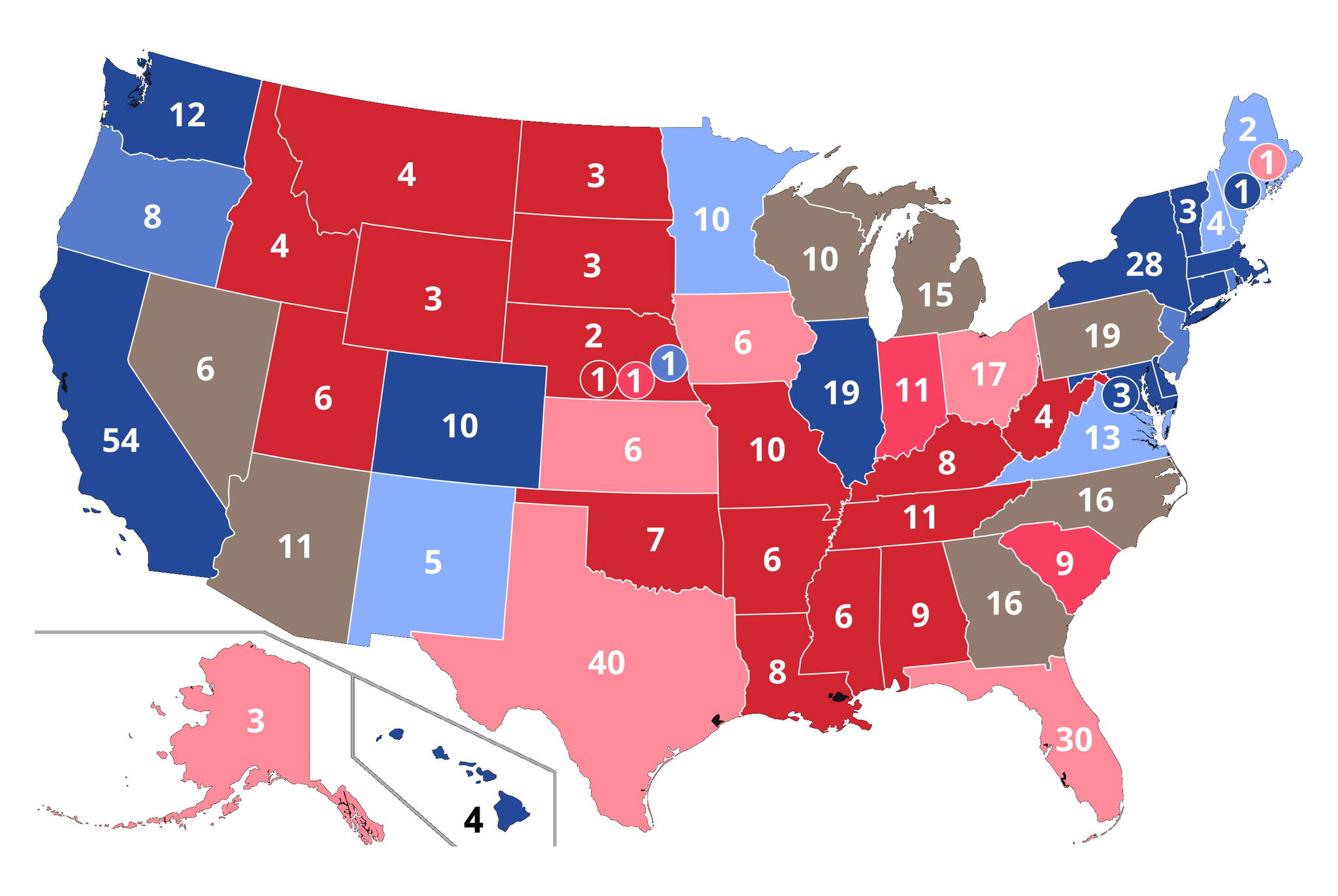 A map shows state-by-state results of aggregate polls for U.S. presidential candidates Donald Trump (red) and Kamala Harris (blue), with states too close to call in grey, as of Oct. 29. (Wikimedia Commons map)