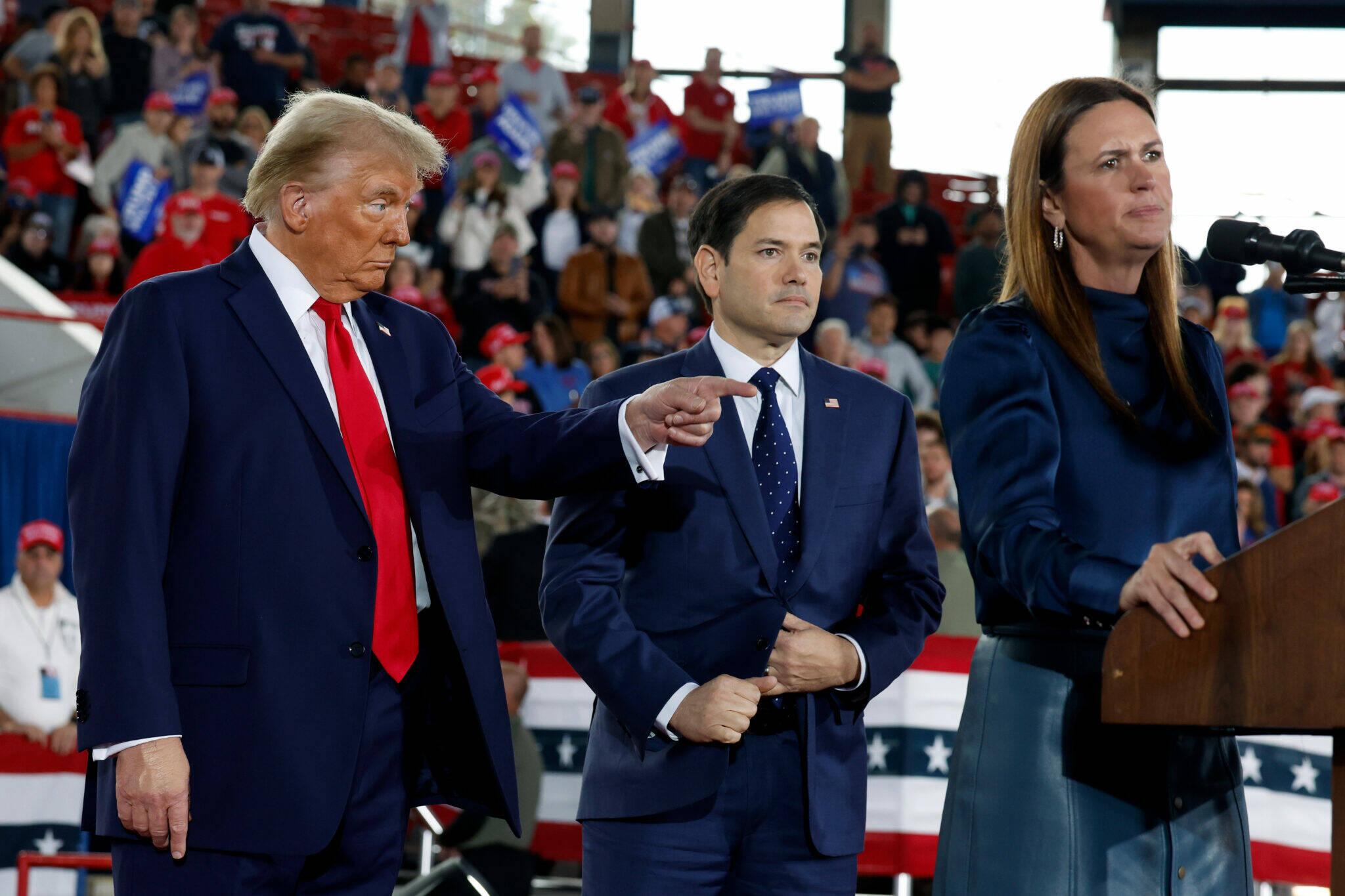 The Republican presidential nominee, former President Donald Trump, appears on stage with U.S. Sen. Marco Rubio, R-Fla., center, and Arkansas Gov. Sarah Huckabee Sanders during a campaign rally at the J.S. Dorton Arena on Nov. 4, 2024, in Raleigh, North Carolina. (Photo by Chip Somodevilla/Getty Images)