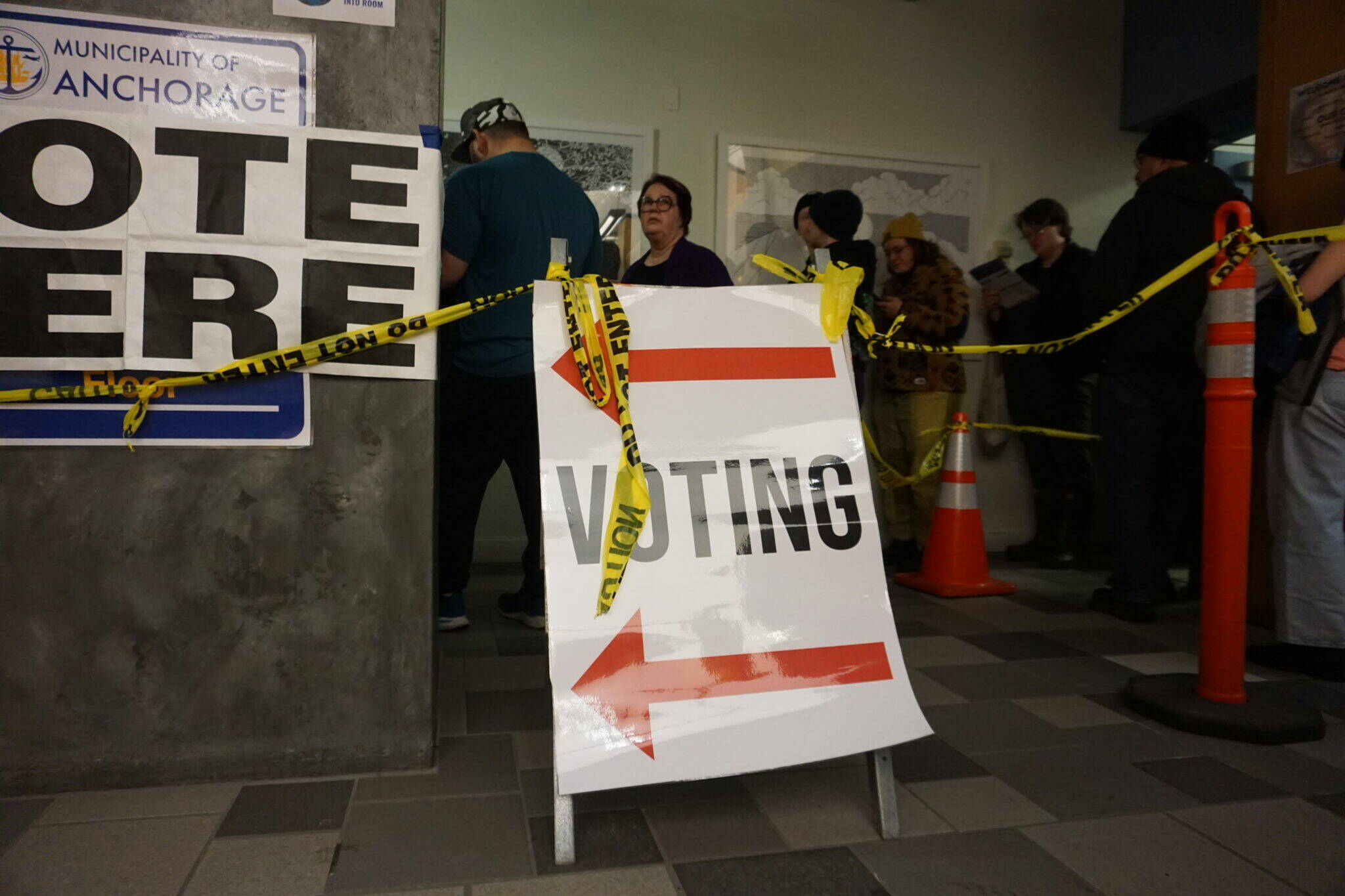 Voters line up at the polling site at Anchorage City Hall on Nov. 4, 2024. City Hall was one of the designated early voting sites in Alaska’s largest city. It is not a designated site for Election Day voting. (Yereth Rosen/Alaska Beacon)