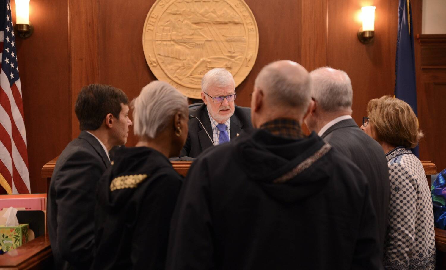 Senate President Gary Stevens, R-Kodiak, speaks to members of the Senate majority caucus’ leadership group on Friday, April 12, 2024. (James Brooks/Alaska Beacon)