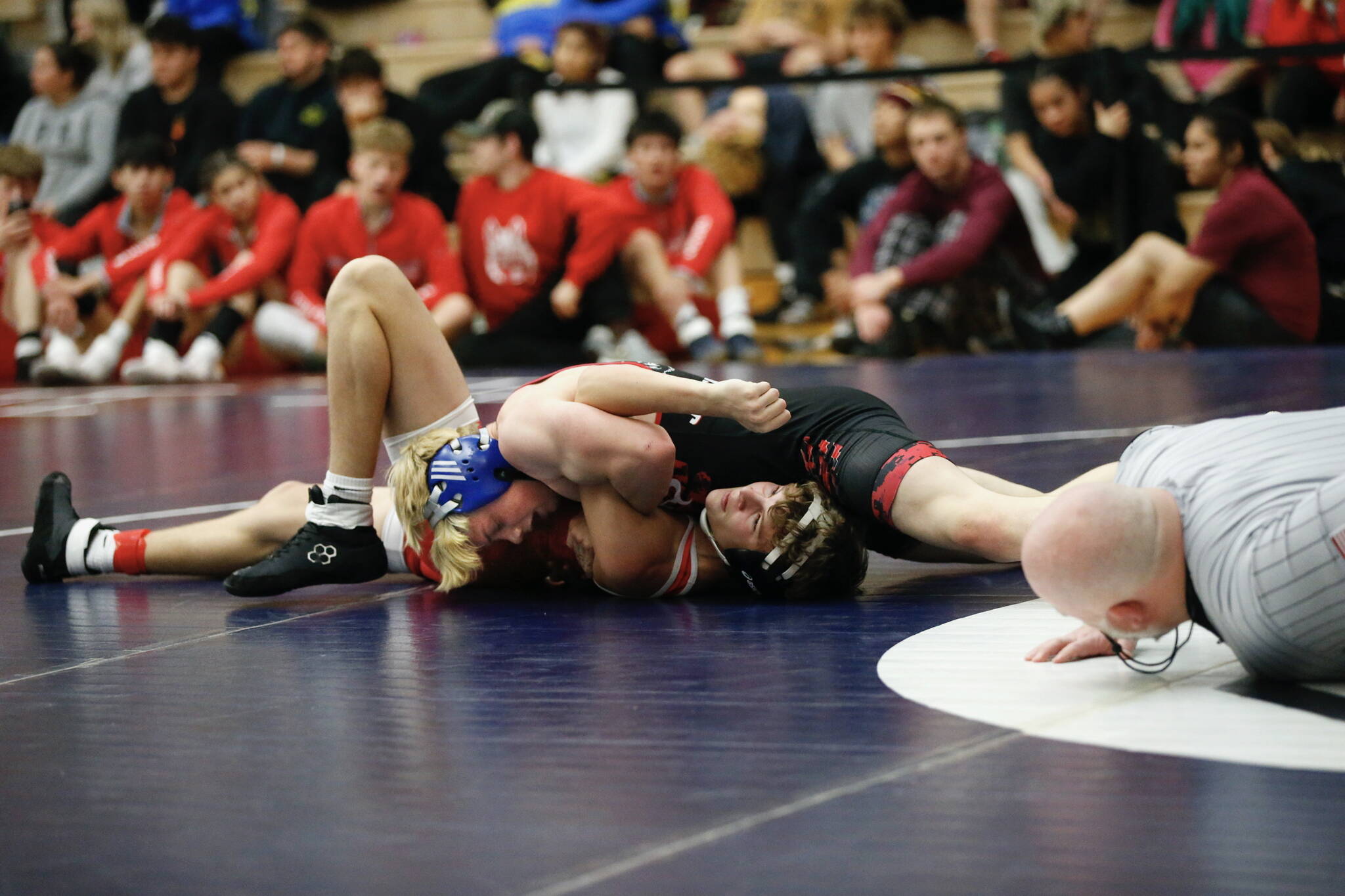 Juneau Douglas’s Colton Cummins pins Wrangell’s Copper Powers during the Bill Weiss Wrestling Tournament at the Clarke Cochrane Gymnasium at Ketchikan High School on Friday. (Christopher Mullen / Ketchikan Daily News)