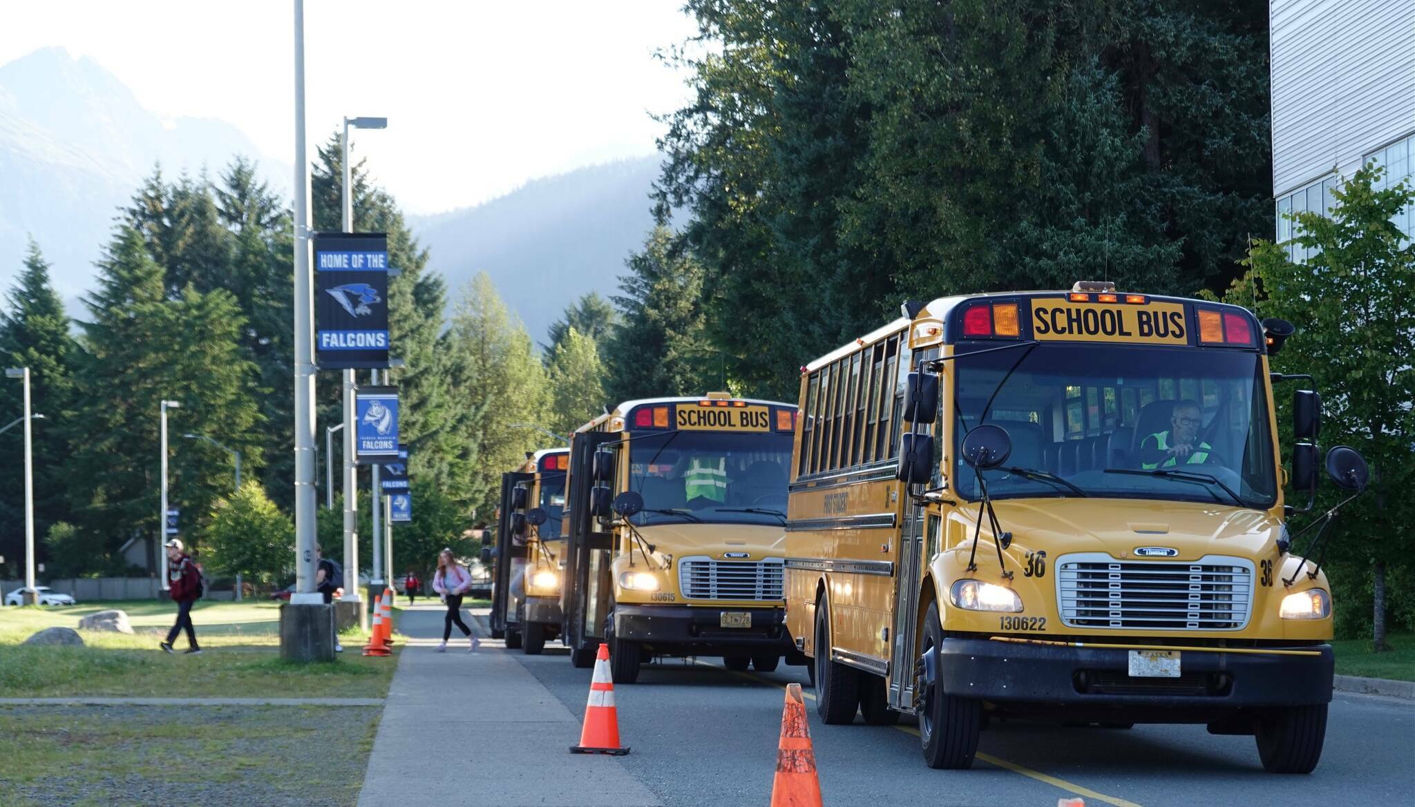 Students arrive at Thunder Mountain Middle School on the first day of school Thursday, Aug. 15. The school now houses all students in grades 7-8, who were in two middle schools last year, and the students at Thunder Mountain last year when it was a high school have been consolidated into Juneau-Douglas High School: Yadaa.at Kalé. (Laurie Craig / Juneau Empire file photo)