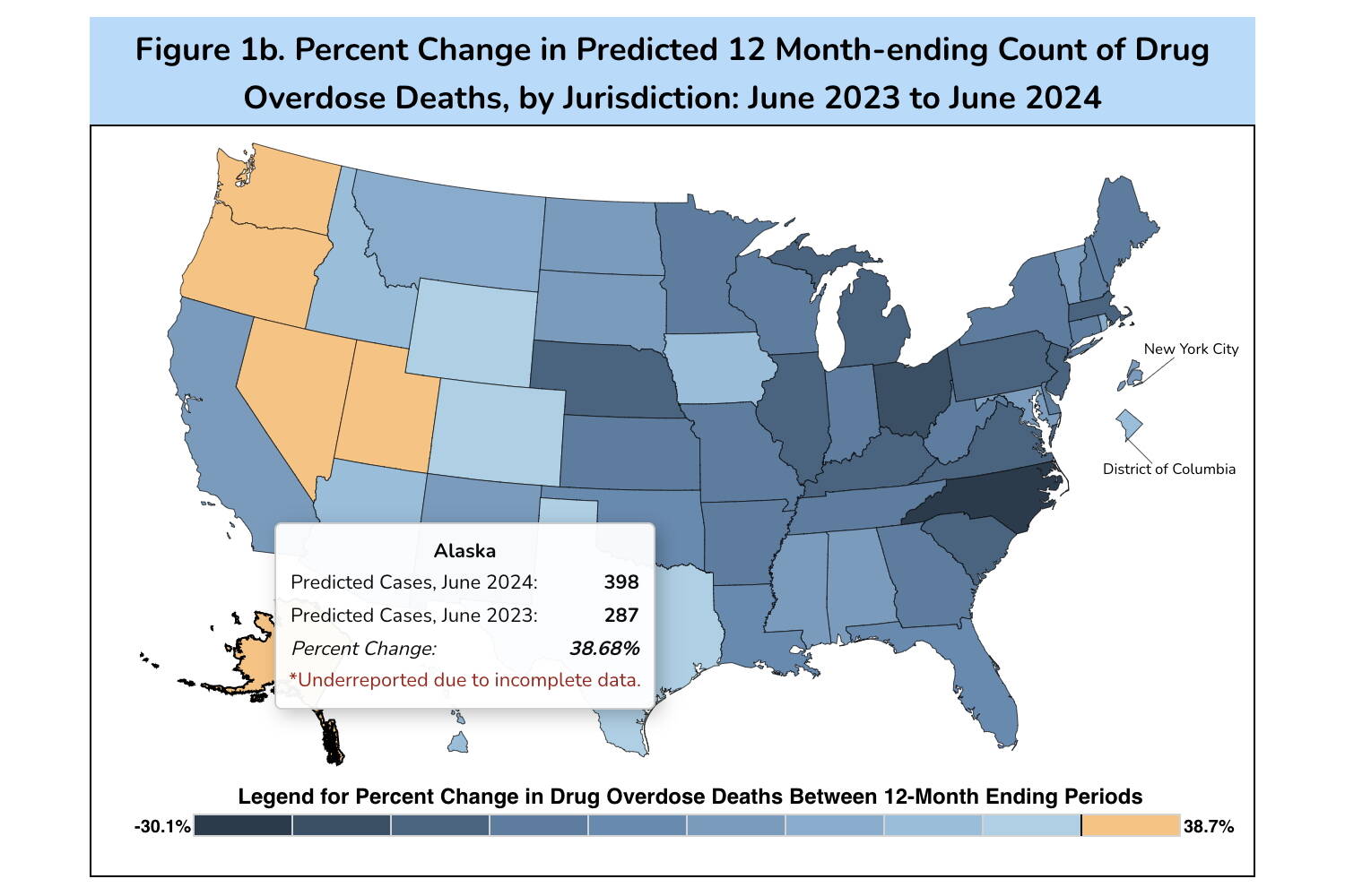 A map shows Alaska had the largest increase in drug overdose deaths among the five states reporting increases during the 12-month period ending in June. Overdoses nationally declined for a second straight year. (U.S. Centers for Disease Control and Prevention map)