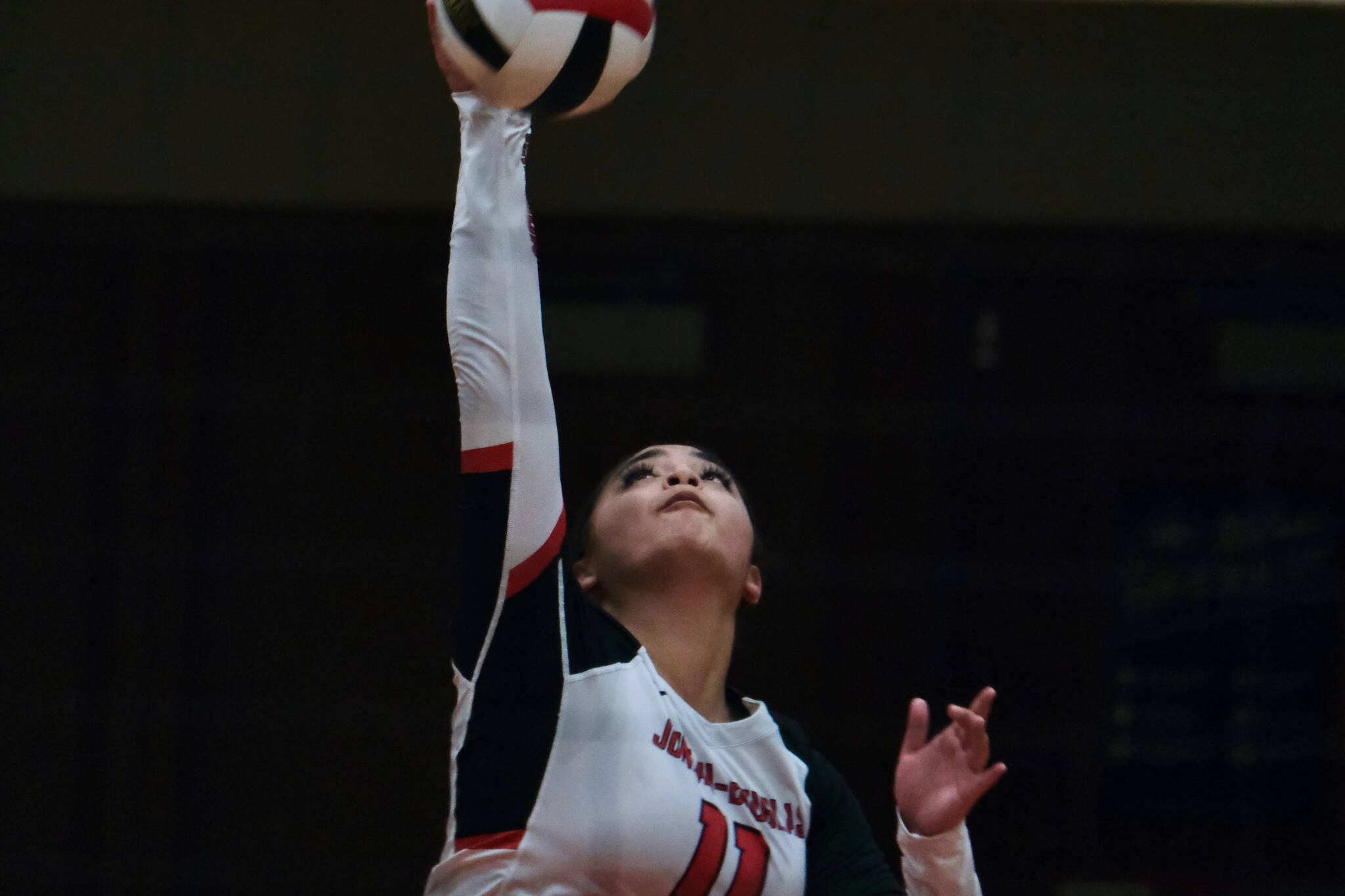 Juneau-Douglas High School: Yadaa.at Kalé junior Lavinia Ma’ake serves in a game against Wasilla earlier this season. Ma’ake was chosen player of the game on Thursday in the Crimson Bears opening loss to Service in the 2024 ASAA Volleyball State Championships at Anchorage’s Alaska Airlines Center. (Klas Stolpe / Juneau Empire file photo)