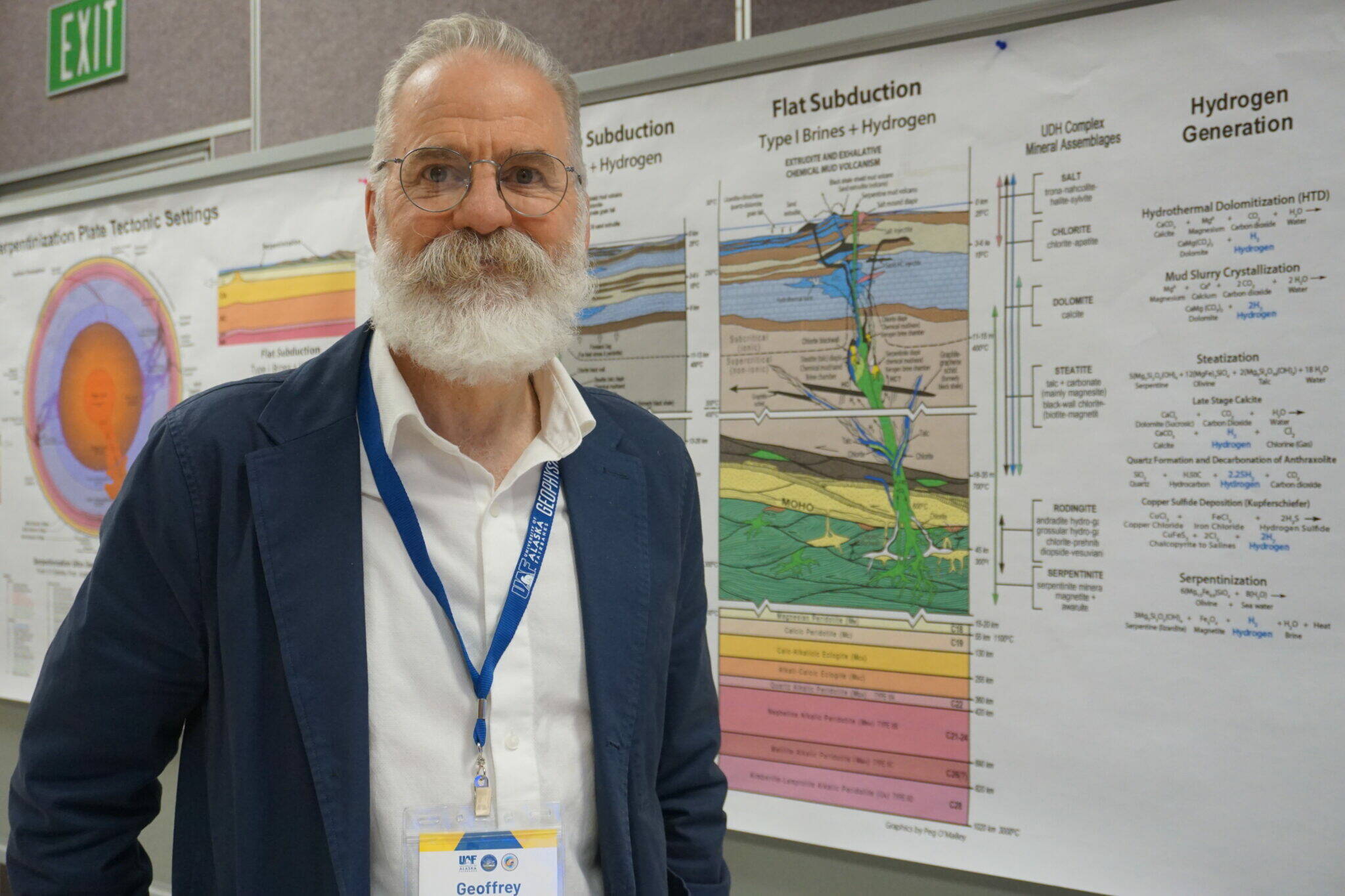 U.S. Geological Survey geologist Geoffrey Ellis stands on Oct. 29 by a poster diplayed at the University of Alaska Fairbanks that explains how pure hydrogen can be pooled in underground formations. Ellis is the leading USGS expert on geologic hydrogen. He was a featured presenter at a three-day workshop on geologic hydrogen that was held at UAF. (Yereth Rosen/Alaska Beacon)