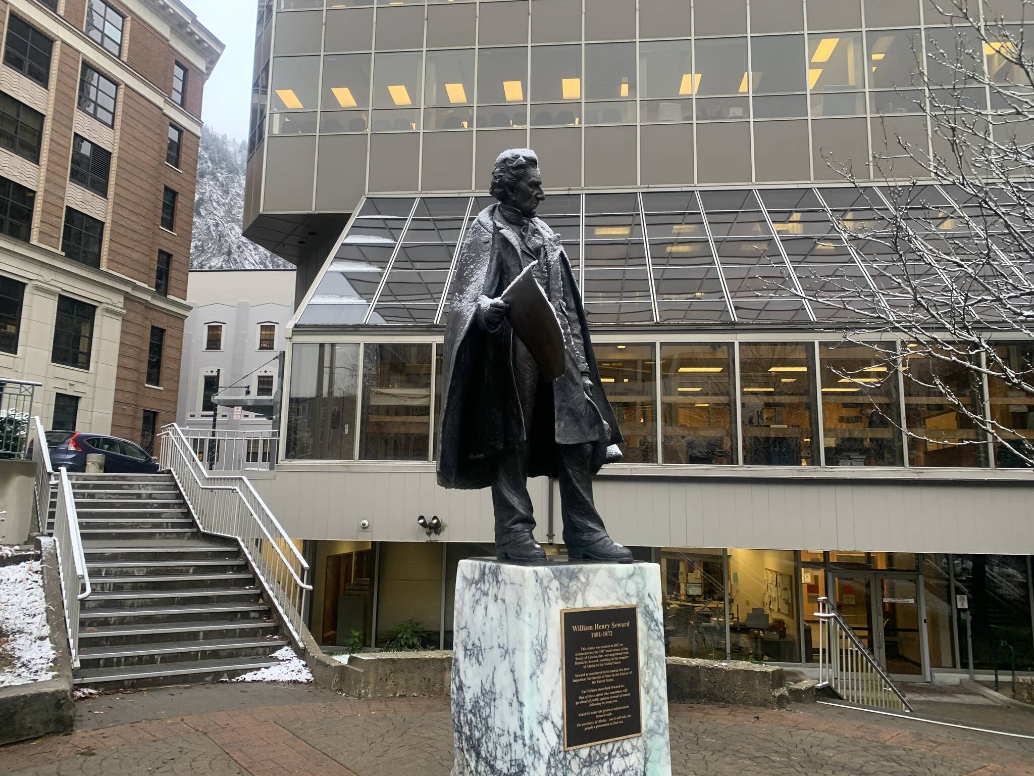 A statue of William Henry Seward stands outside the Dimond Courthouse in downtown Juneau on Monday morning. (Mark Sabbatini / Juneau Empire)