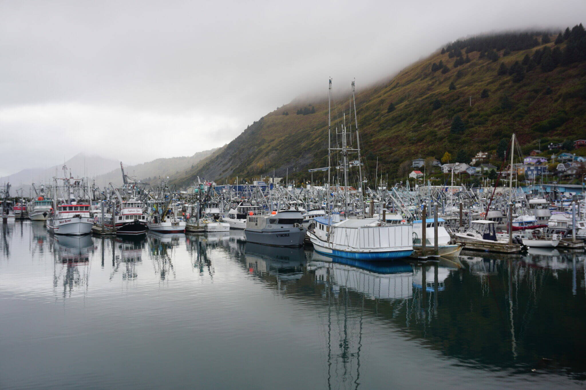 Low clouds hang over Kodiak’s St. Paul Harbor on Oct. 3, 2022. Economic woes in Alaska’s seafood industry have affected numerous fishing-dependent communities like Kodiak. (Yereth Rosen/Alaska Beacon)