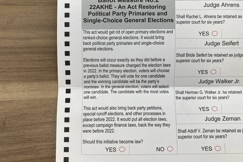 The language of Ballot Measure 2 appears on Alaska’s 2024 absentee ballots. The measure would repeal the states open primary and ranked choice voting system. (Andrew Kitchenman/Alaska Beacon)