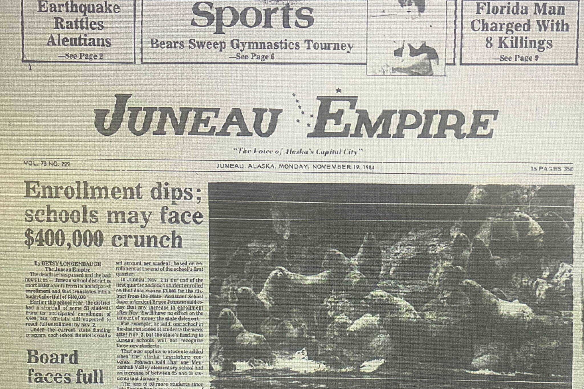 The front page of the Juneau Empire on Nov. 19, 1984. (Mark Sabbatini / Juneau Empire)