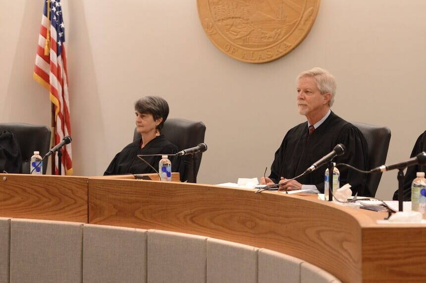 Alaska Supreme Court Justices Susan M. Carney and Peter Maassen are seen on Feb. 8, 2024, in Juneau. (James Brooks/Alaska Beacon)