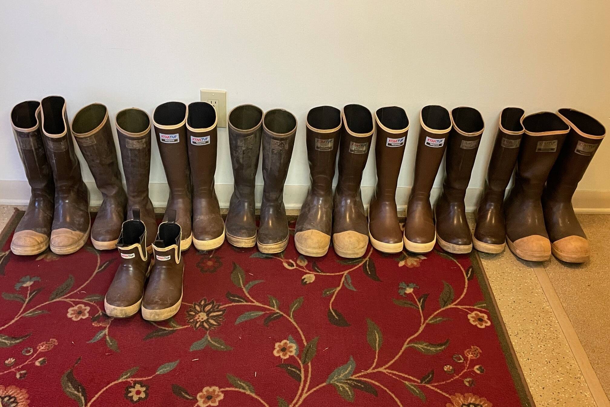 Nine pairs of rubber boots await feet near the entrance to Catherine Fritz’s home in Juneau. The collection includes very early models made in the United States, later imported versions that are steel-toed, insulated and regular. Fritz’s favorite pair is a short version that slip on easily. (Laurie Craig / Juneau Empire)