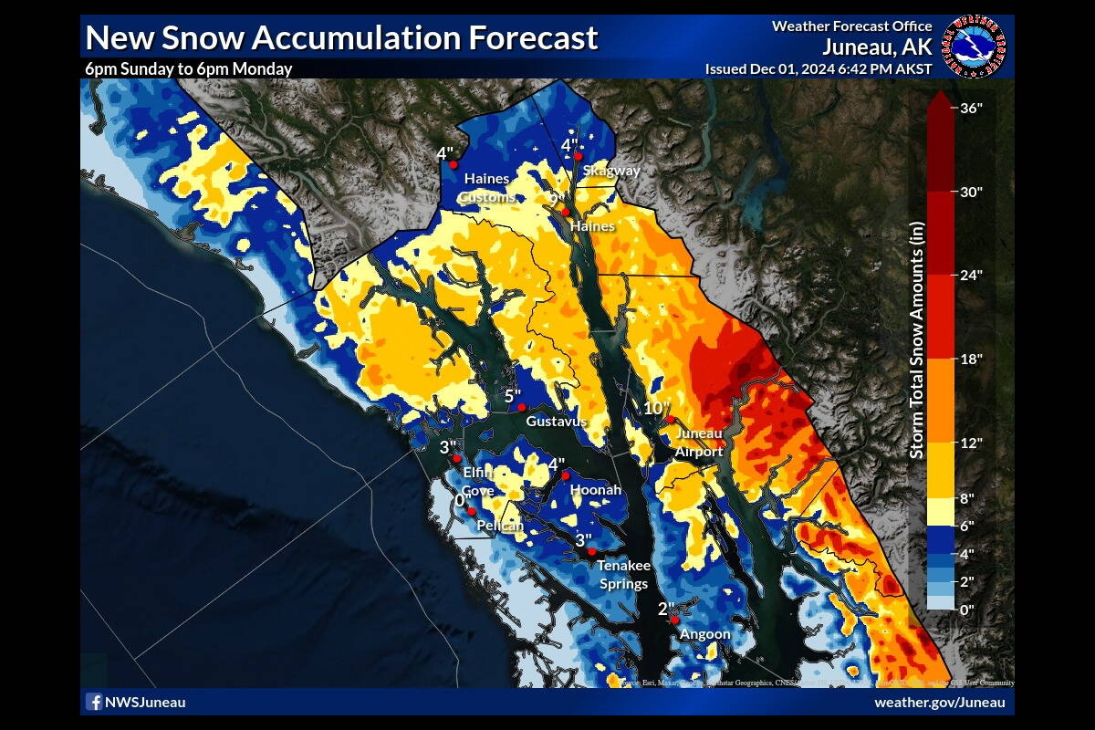 A storm warning for Juneau, extended until noon Monday, shows snow totals expected between 6 p.m. Sunday and 6 p.m. Monday. (National Weather Service Juneau)