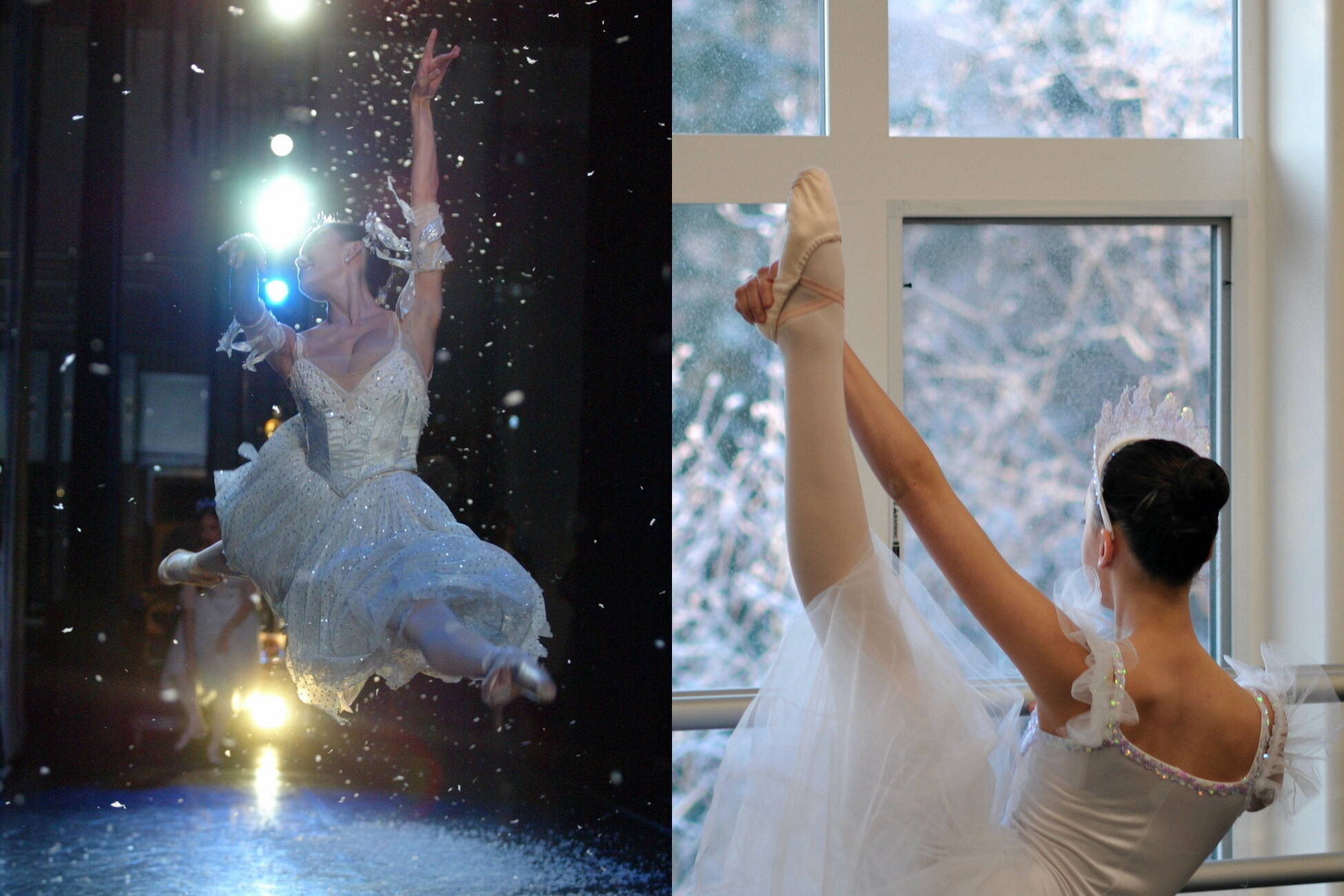 Oregon Ballet Theatre principal dancer Daniela DeLoe (left) performs a grand jete to open the snowflakes dance in the Land Of Snow during a performance of George Balanchine’s “The Nutcracker.” At right, Misha Culver stretches in her Snow costume during a 2009 dress rehearsal for “The Nutcracker” ballet at the Juneau Dance Unlimited studio. (Photos by Klas Stolpe)