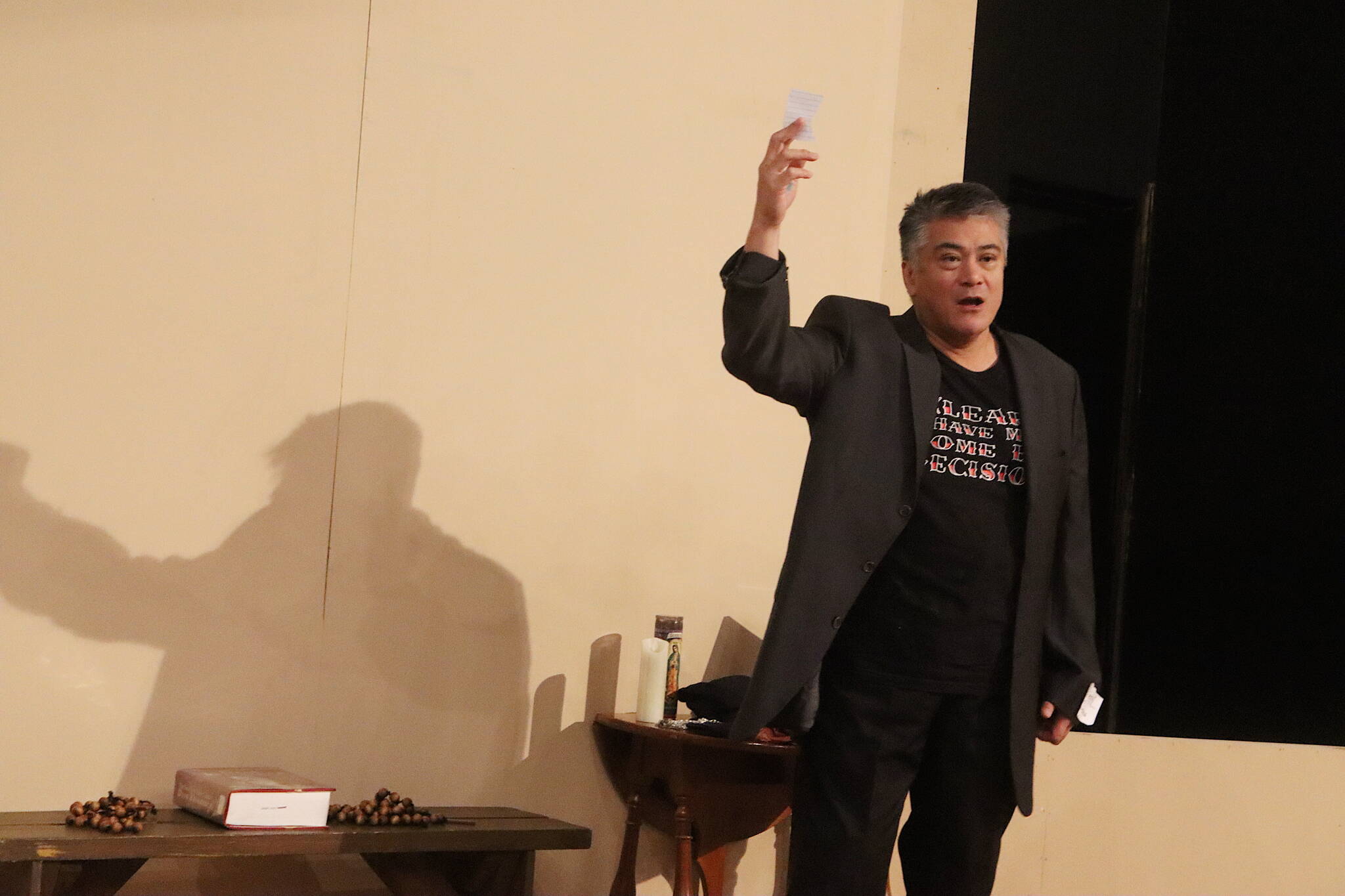 Ariel Estrada rehearses his one-man play “Full Contact” at Perseverance Theatre on Saturday, Nov. 30. (Mark Sabbatini / Juneau Empire)