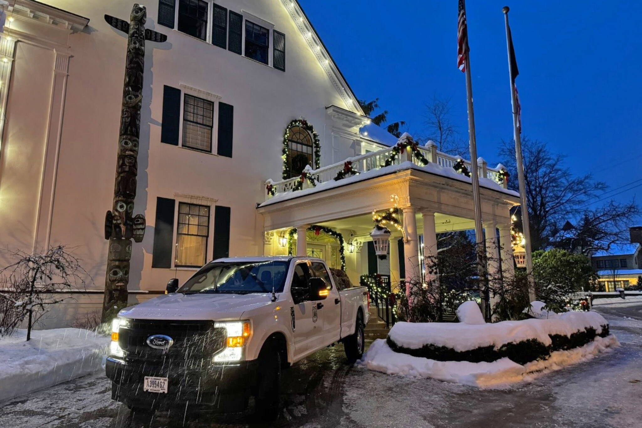 The 2024 Together Tree is delivered to the Governor’s Residence on Dec. 3 after being harvested near Hoonah. (U.S. Forest Service photo)