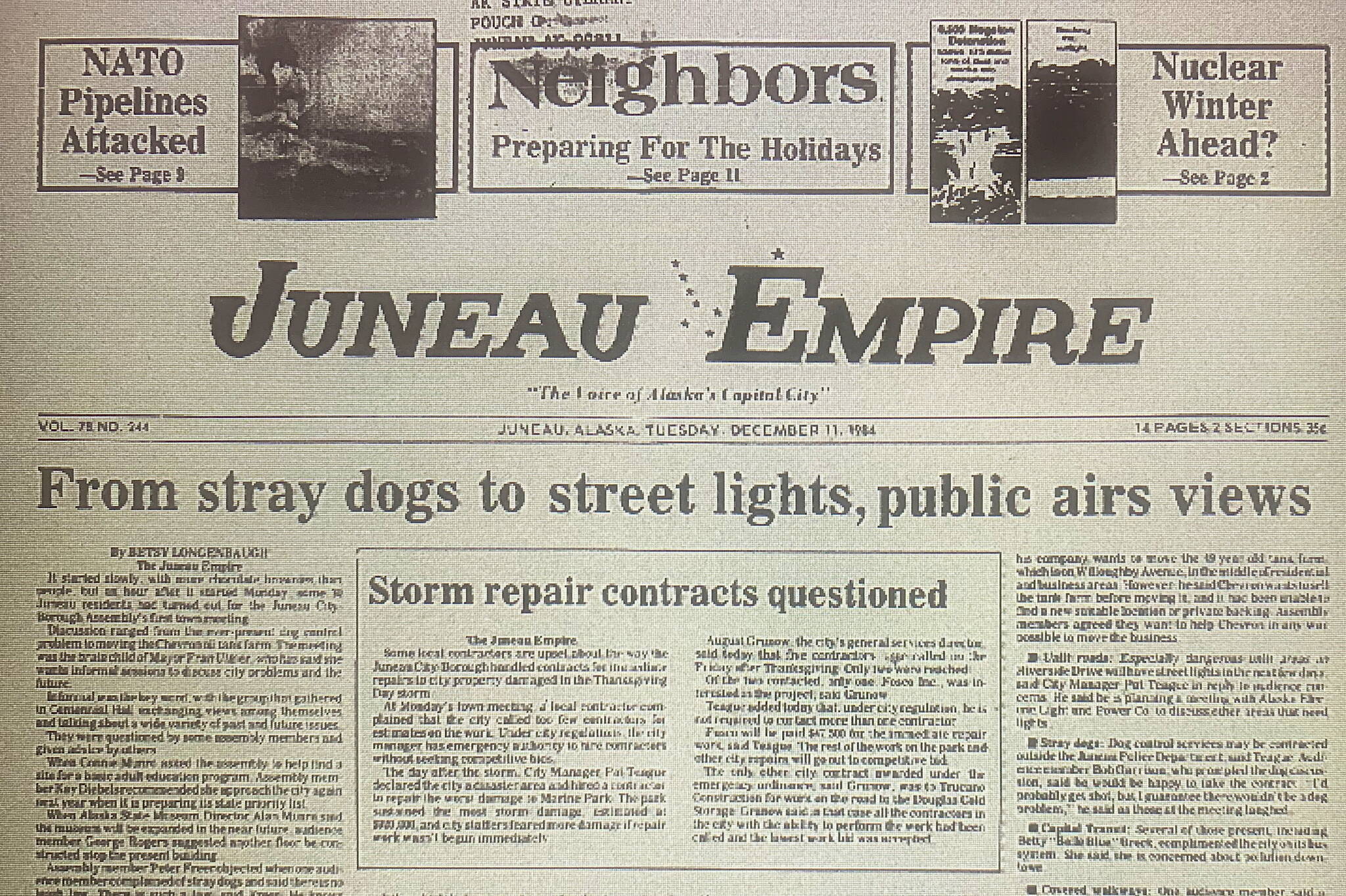 The front page of the Juneau Empire on Dec. 11, 1984. (Mark Sabbatini / Juneau Empire)