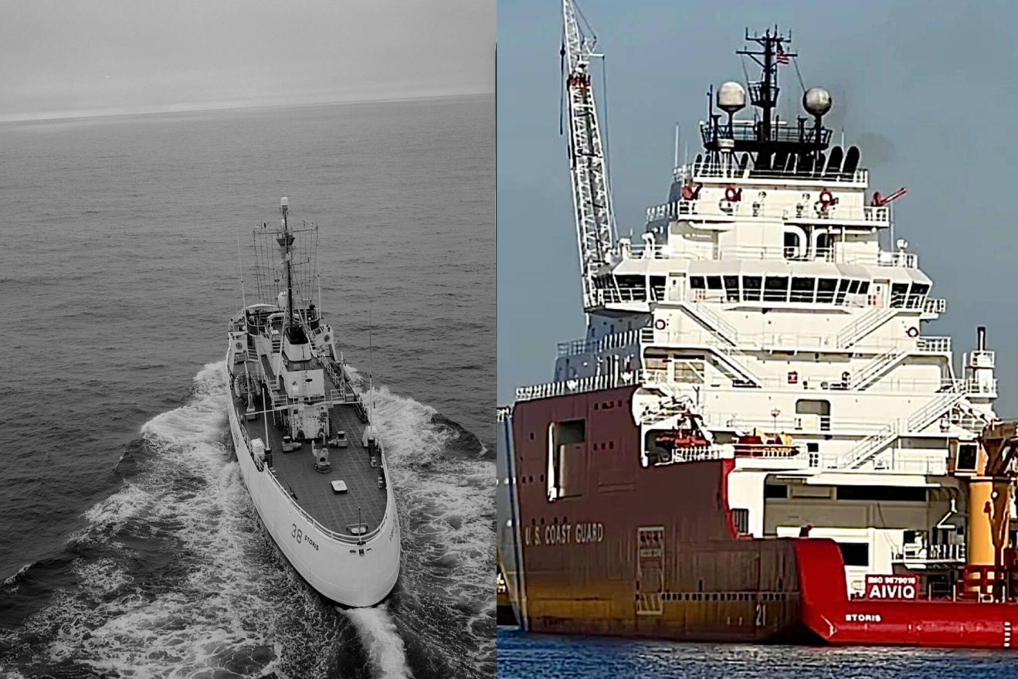 At left, the U.S. Coast Guard’s light icebreaker Storis is seen patrolling in Womens Bay near Kodiak on an unspecified date. At right, the Aiviq icebreaker, which arrived at a Florida shipyard about two weeks ago, is seen with a new paint job matching that of other modern Coast Guard icebreakers and the name “Storis” painted on its stern. (Photo of Storis from the Library of Congress / Photo of Aiviq by USCG Auxiliary Public Affairs)