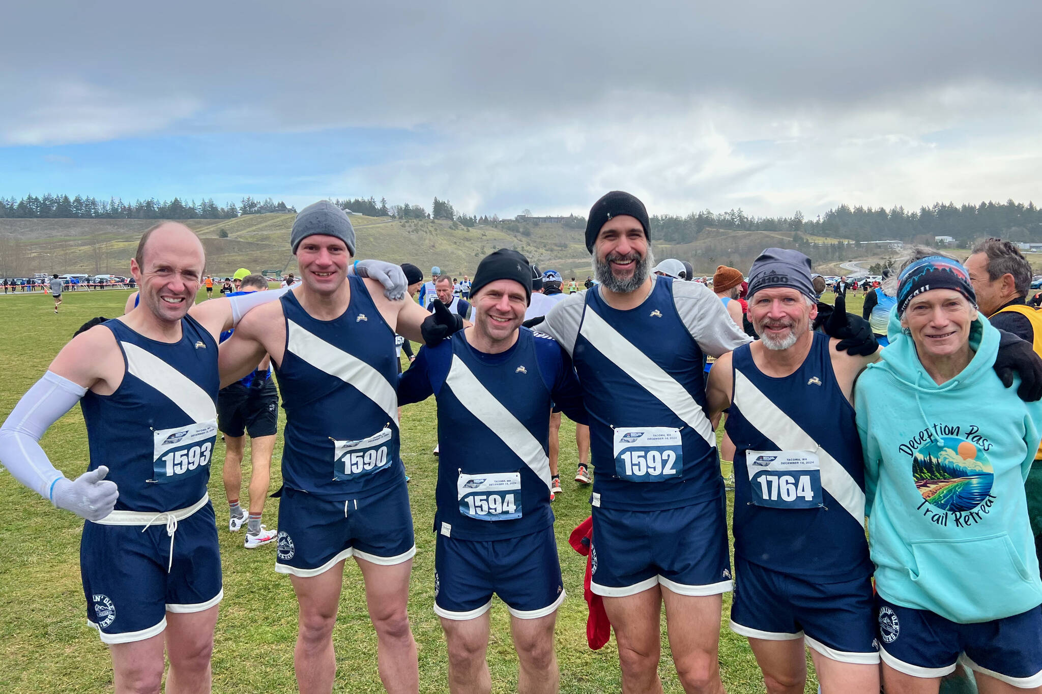 Smokin’ Old Geezers Jesse Stringer, Brandon Ivanowicz, Steve Ricci, Juan Orozco Jr., John Bursell and John Nagel at the USATF National Club Cross Country Championships on Saturday at University Place, Washington. (Photo courtesy S.O.G.)