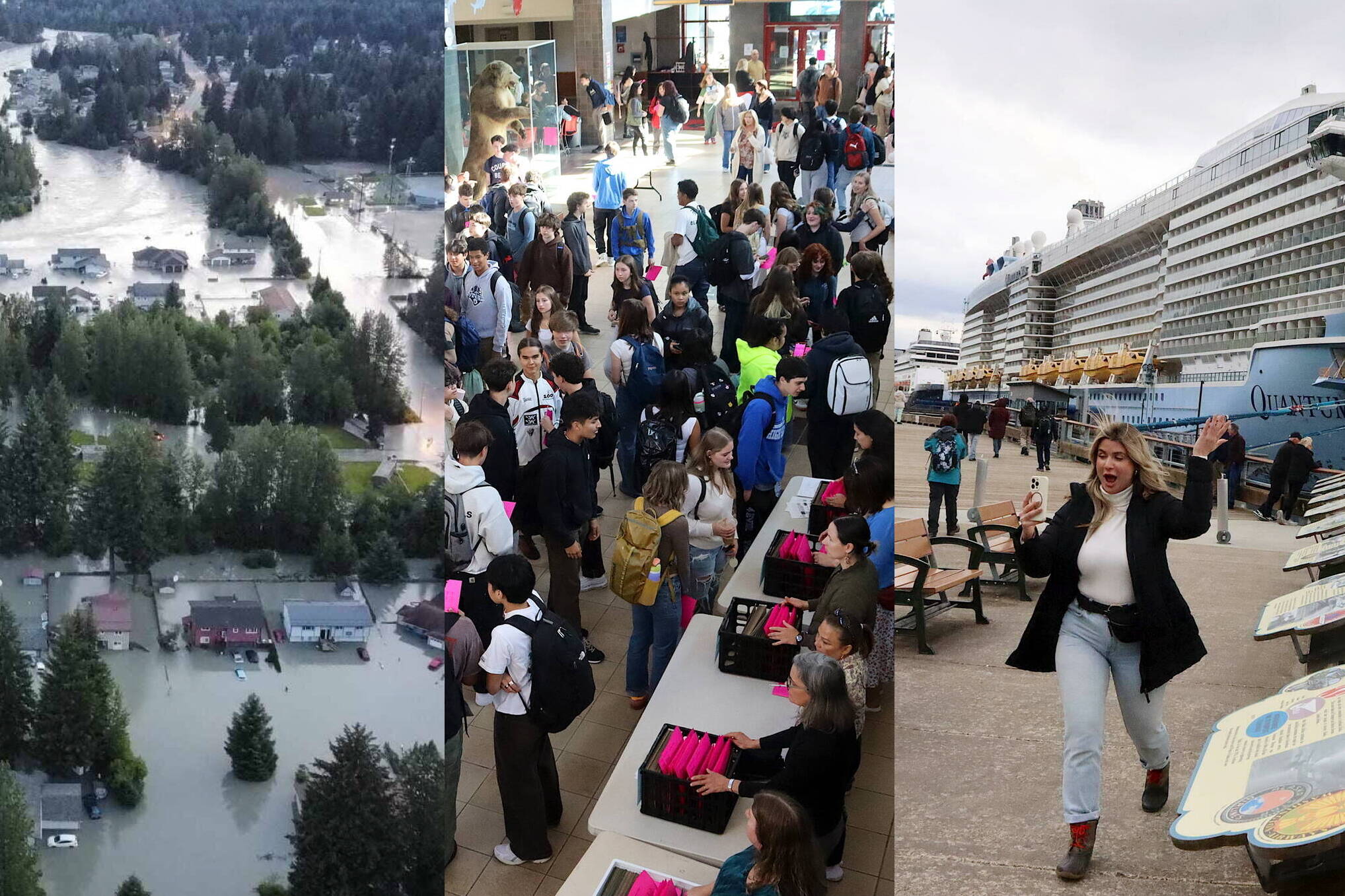 At left, homes and streets in the Mendenhall Valley are swamped by record flooding from the Mendenhall River on Aug. 6. At center, students crowd into the commons area of Juneau-Douglas High School: Yadaa.at Kalé before classes start on the first day of school Aug. 15. At right, Jasmine Chavez, a crew member aboard the Quantum of the Seas cruise ship, waves to her family during a cell phone conversation at Marine Park on May 10. (Left photo by Rich Ross/ City and Borough of Juneau; middle and right photos by Mark Sabbatini / Juneau Empire)