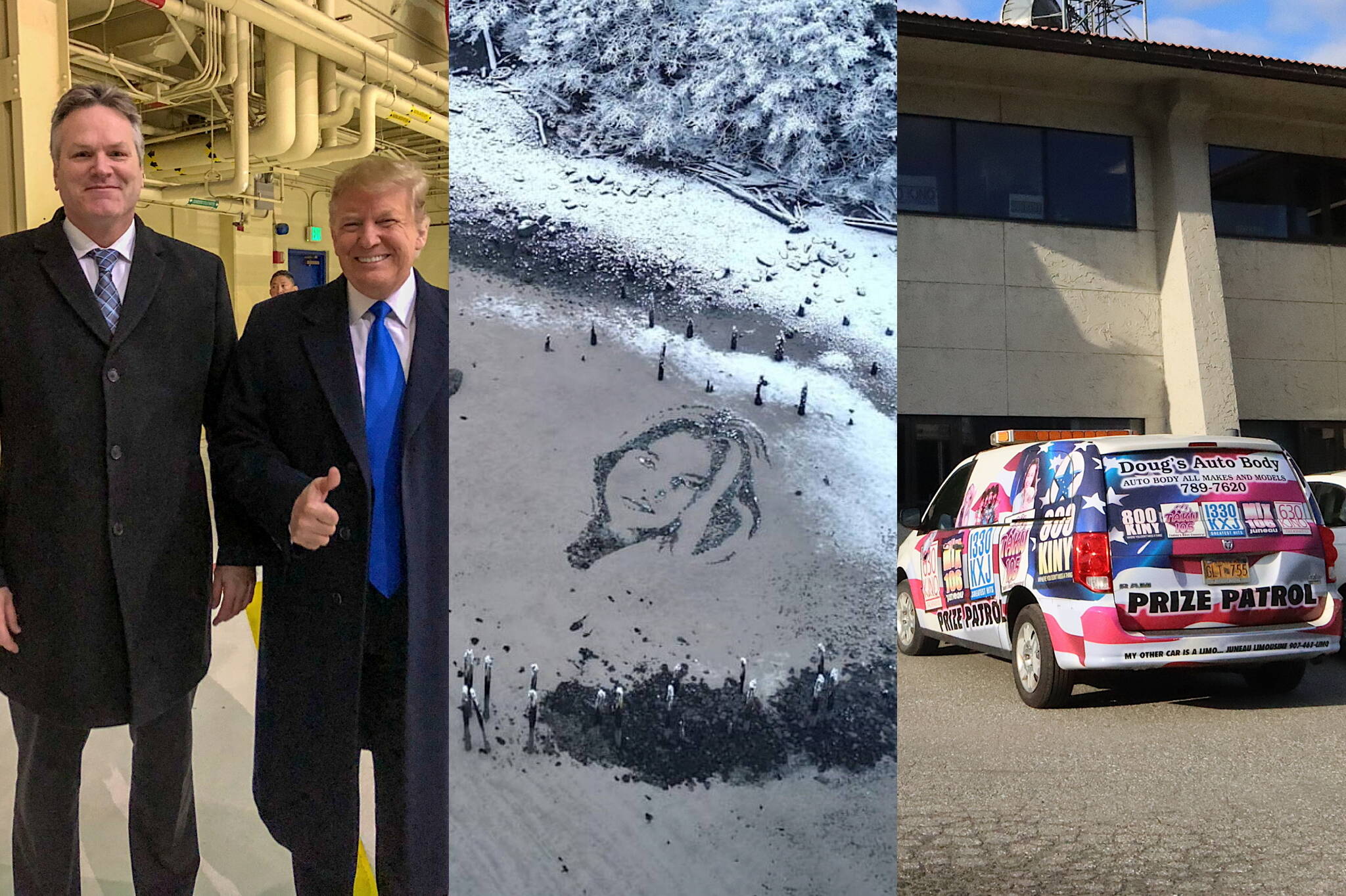 Gov. Mike Dunleavy and President-elect Donald Trump (left) will be working as chief executives as opposite ends of the U.S. next year, a face constructed of rocks on Sandy Beach is seen among snow in November (center), and KINY’s prize patrol van (right) flashes its colors outside the station this summer. (Photos, from left to right, from Gov. Mike Dunleavy’s office, Elliot Welch via Juneau Parks and Recreation, and Mark Sabbatini via the Juneau Empire)