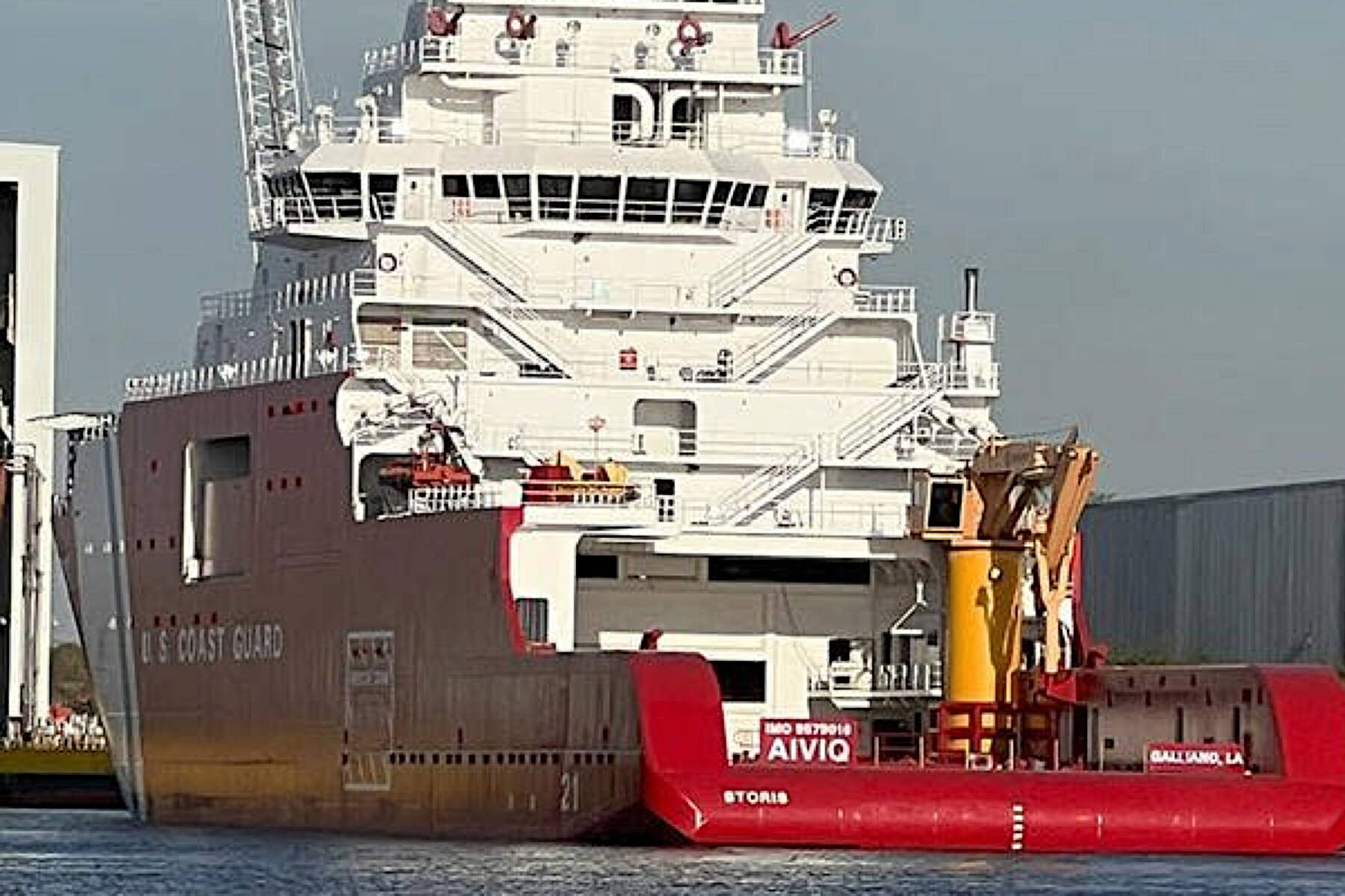 The icebreaker originally known as the Aiviq, which arrived at a Florida shipyard about three weeks ago, is seen with a new paint job matching that of other modern Coast Guard icebreakers and the name “Storis” painted on its stern. (USCG Auxiliary Public Affairs photo)