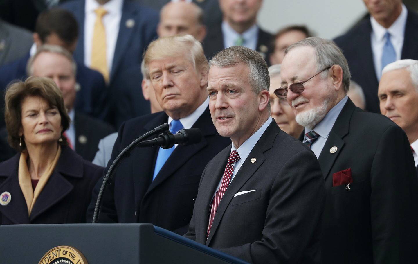 U.S. Sen. Dan Sullivan, R-Alaska, addresses a crowd with President-elect Donald Trump present. (Photo from U.S. Sen. Dan Sullivan’s office)