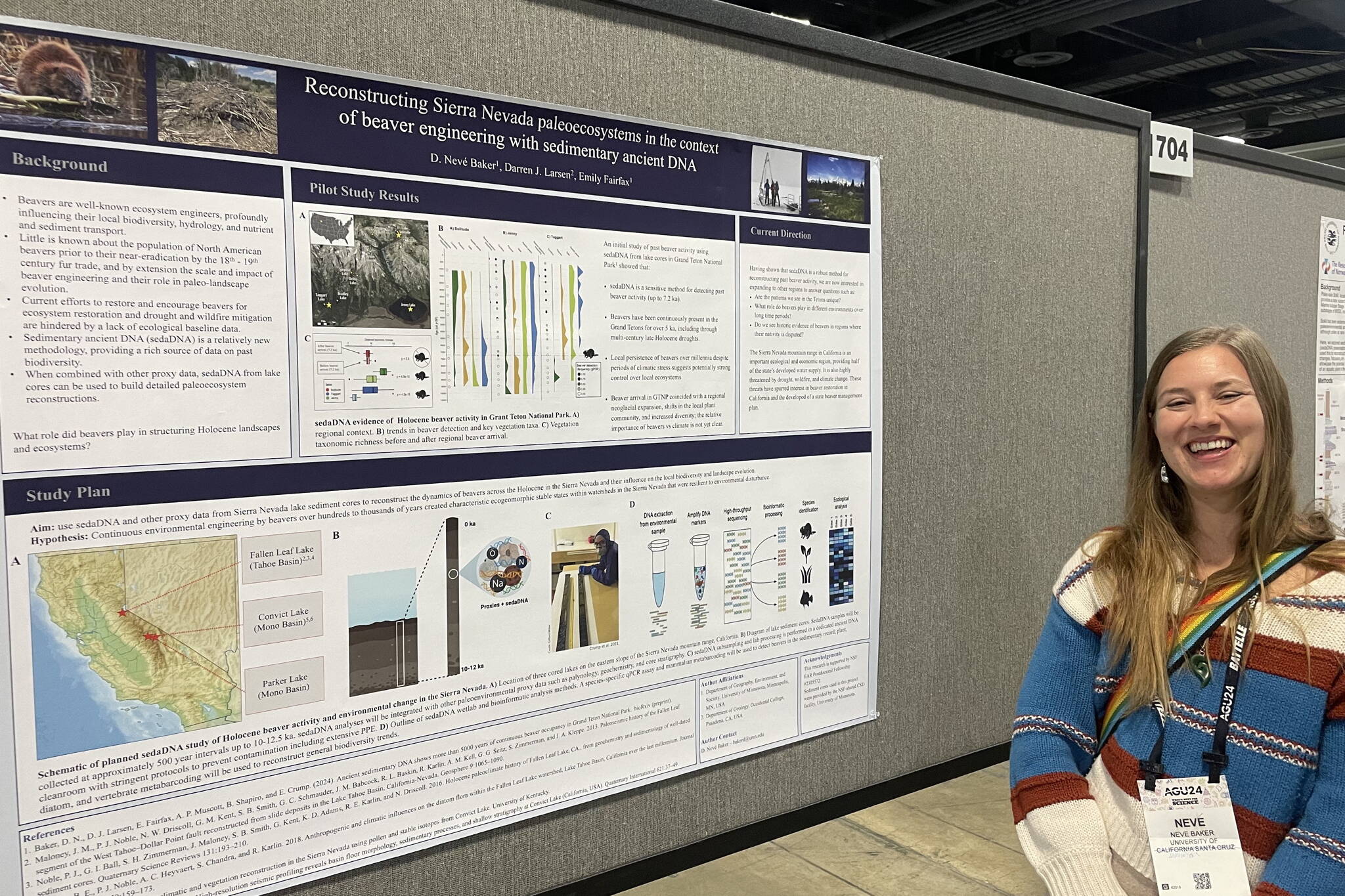 Neve Baker stands beside her poster on discovering ancient evidence of beavers in Grand Tetons National Park while she was at the Fall Meeting of the American Geophysical Union in Washington, D.C. in December 2024. (Photo by Ned Rozell)