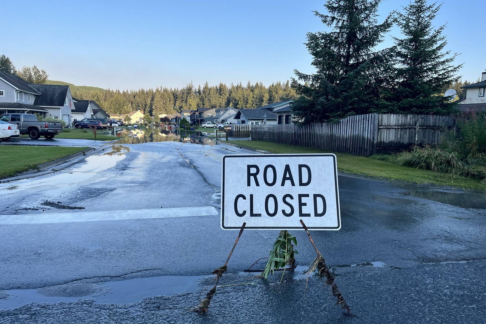 A street in a Mendenhall Valley neighborhood is closed following record flooding on Aug. 6 that damaged nearly 300 homes. (City and Borough of Juneau photo)